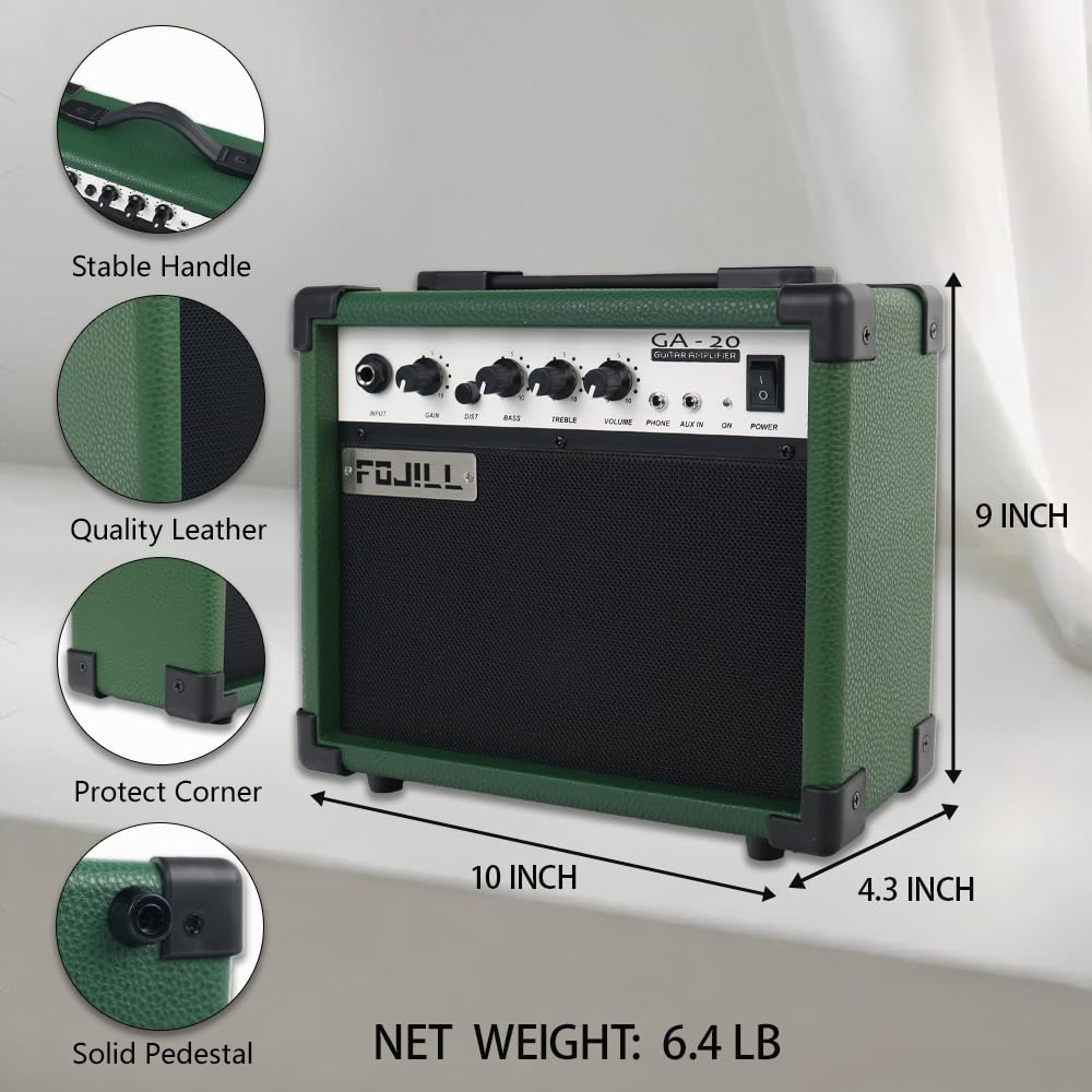 20W Watt Electric Guitar Amplifier, Small Portable Travel Mini Amp with 3.5 Headphone Jack Aux- green