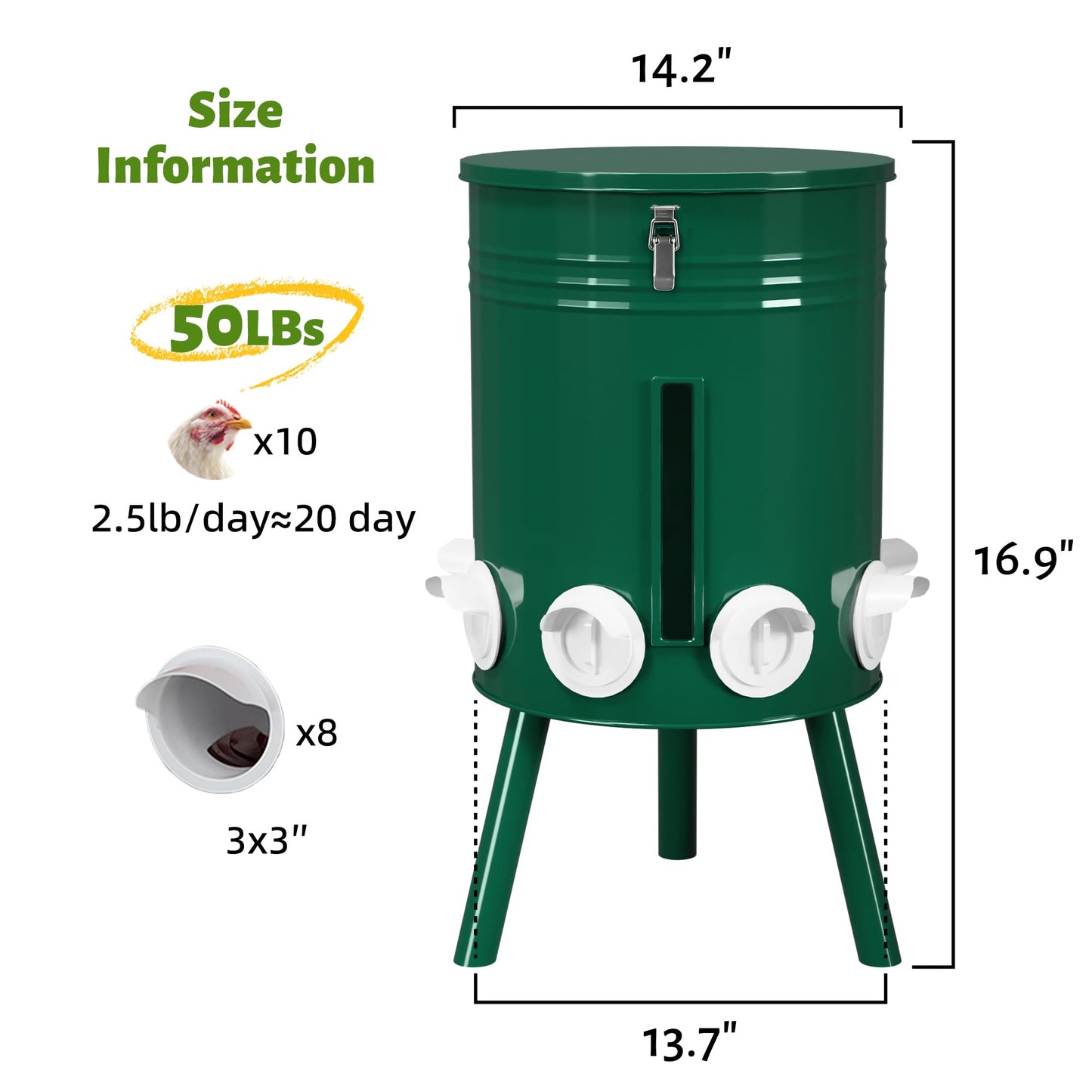 KOL 50 LB Large Free Standing Chicken Feeder, Portable Gravity Chicken Feeder Automatic, Dispenser, 8 Feeding Ports Poultry Feeder for Chicken Rooster & Hen (Green)