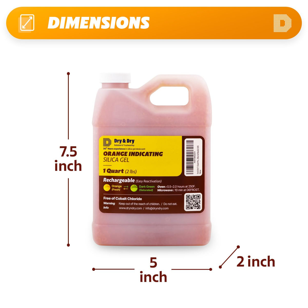 "Dry & Dry" [1 Quart] Premium Orange Indicating Silica Gel Desiccant Beads(Industry Standard 3-5 mm) - Rechargeable Silica Gel Beads(2 LBS)