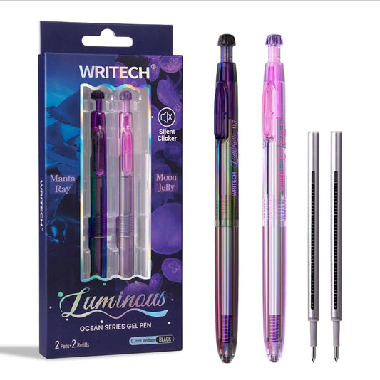 WRITECH Gel Pens Medium Point: Luminous pen set 0.7mm, Black Ink, Includes 2 Pens and 2 Refills