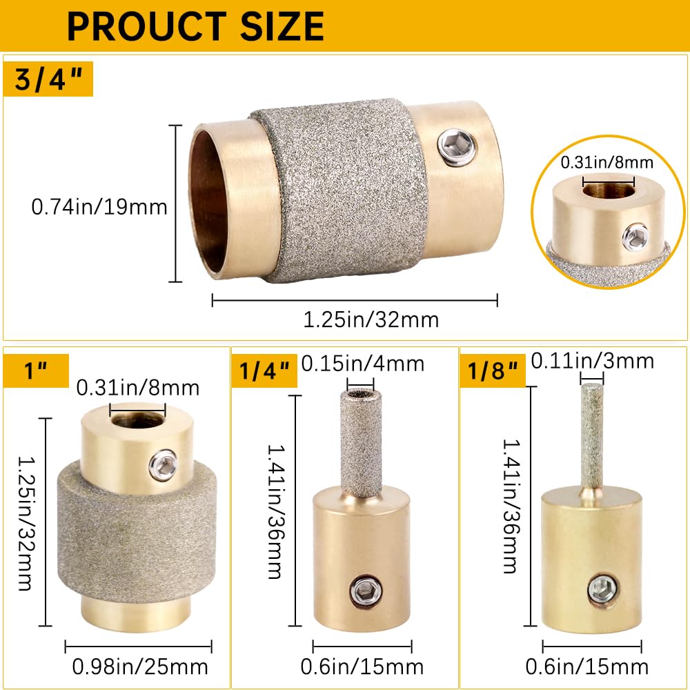 Combination Set 1 3/4 1/4 1/8 Inch Diamond Grinder Bit Head Tools Brass Core Stained Glass Grinder Bits & Diamond Grinder Bit Head Tools, Tools and Supplies for Stained Glass (4)