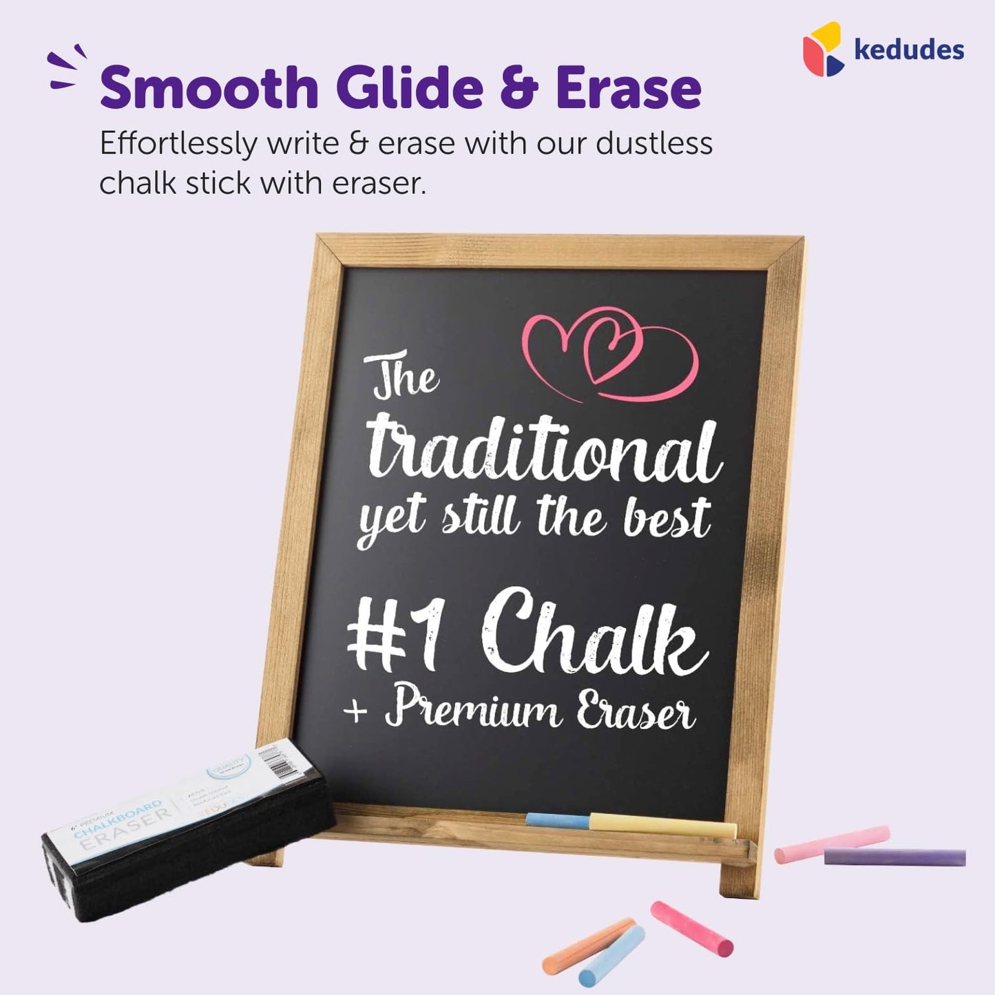 kedudes Dustless Chalk with Eraser, 24pk - 12 Colored Chalkboard Chalks and 12 White Chalk