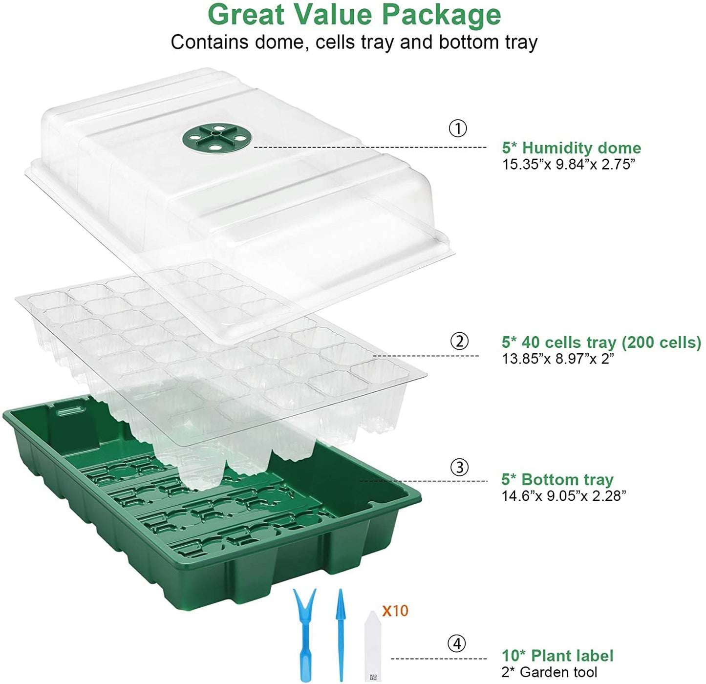 Seedling Trays Seed Starter Tray, 5-Pack Mini Propagator Plant Greenhouse Grow Kit with Humidity Vented Domes and Base
