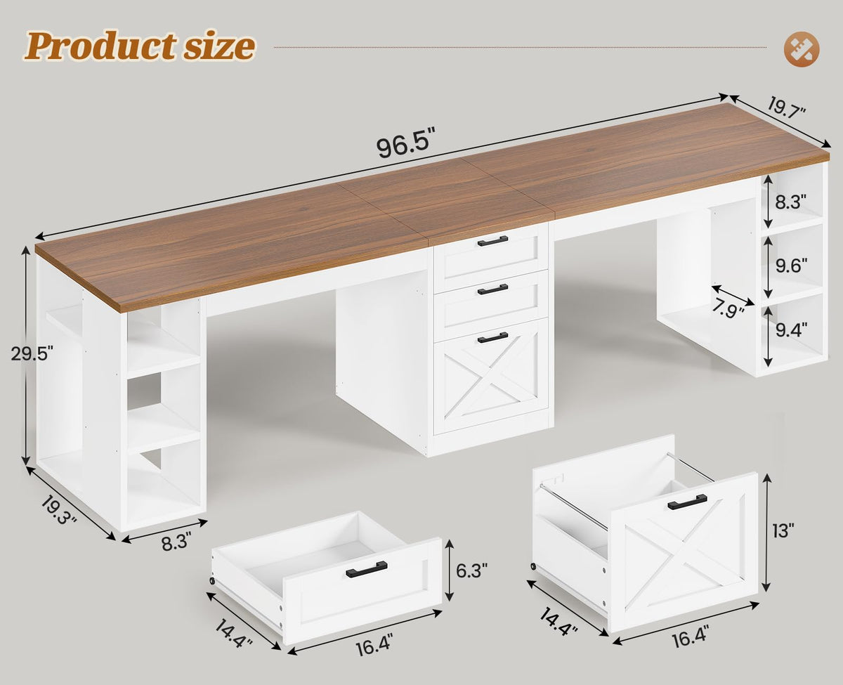 SEDETA Farmhouse 96.5" 2 Person Computer Desk with Storage Drawers