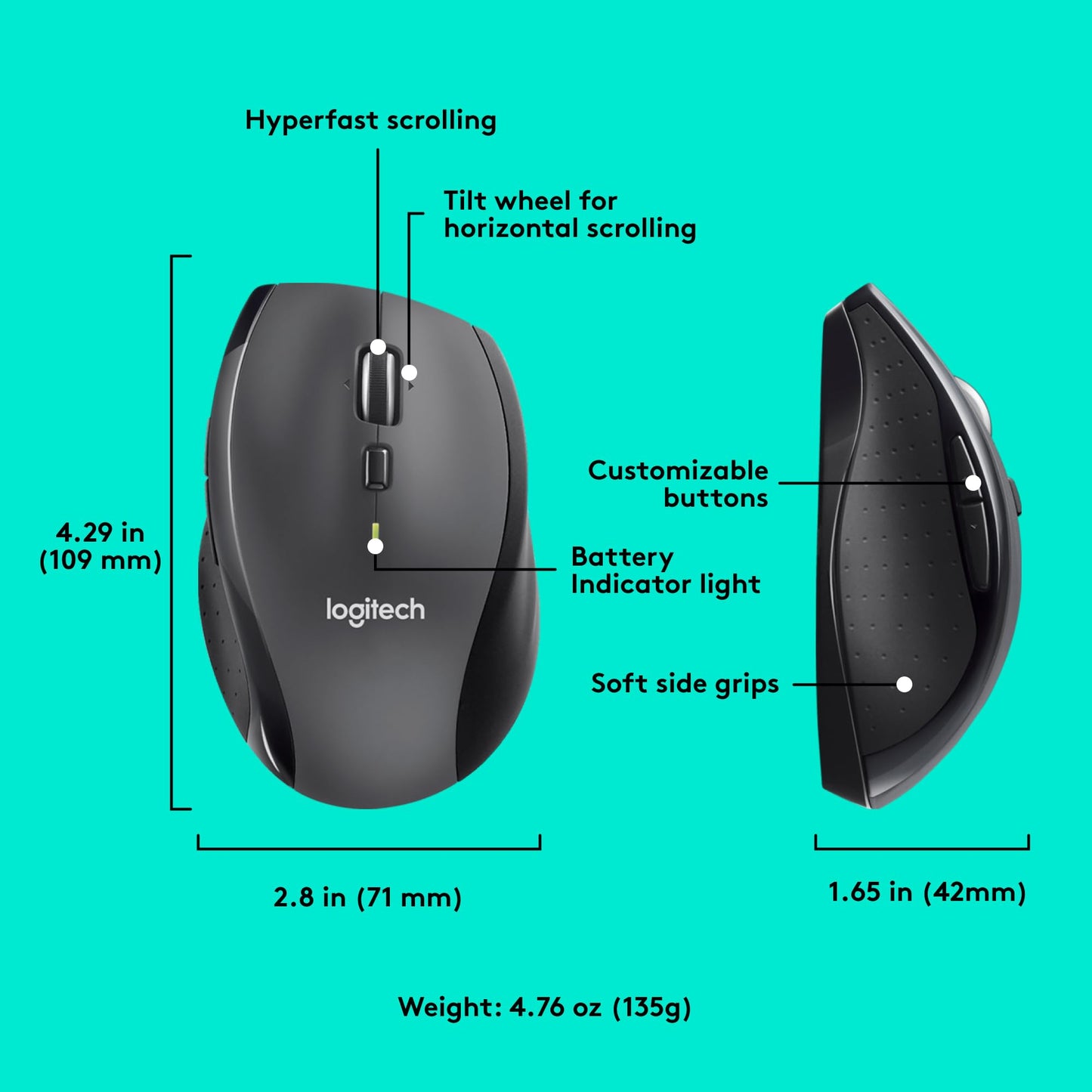 Logitech M705 Marathon Full Size 2.4 GHz Wireless Mouse - Black
