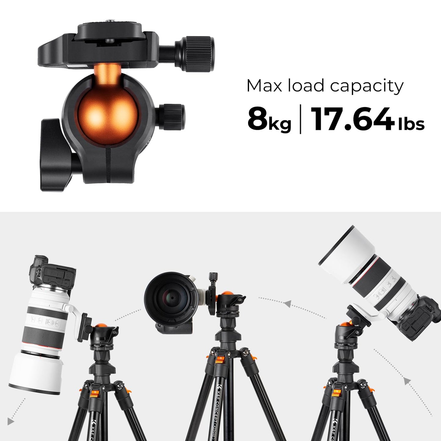 K&F CONCEPT 64 inch/163 cm Camera Tripod,Lightweight Travel Outdoor DSLR Tripods with 360 Degree Ball Head Load Capacity 17.6 lbs/8 kg,Cellphone Clip for Smartphone Live Streaming Vlog O234A1+BH-36