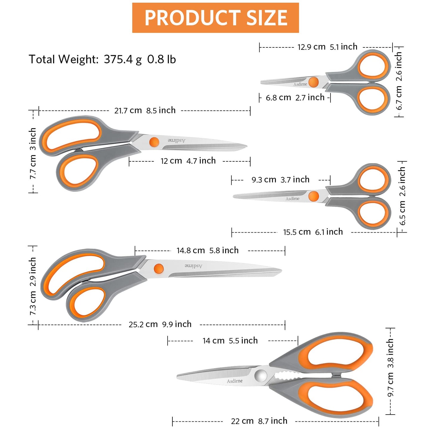Asdirne Scissors Set, Stainless Steel, 4 Different Sizes