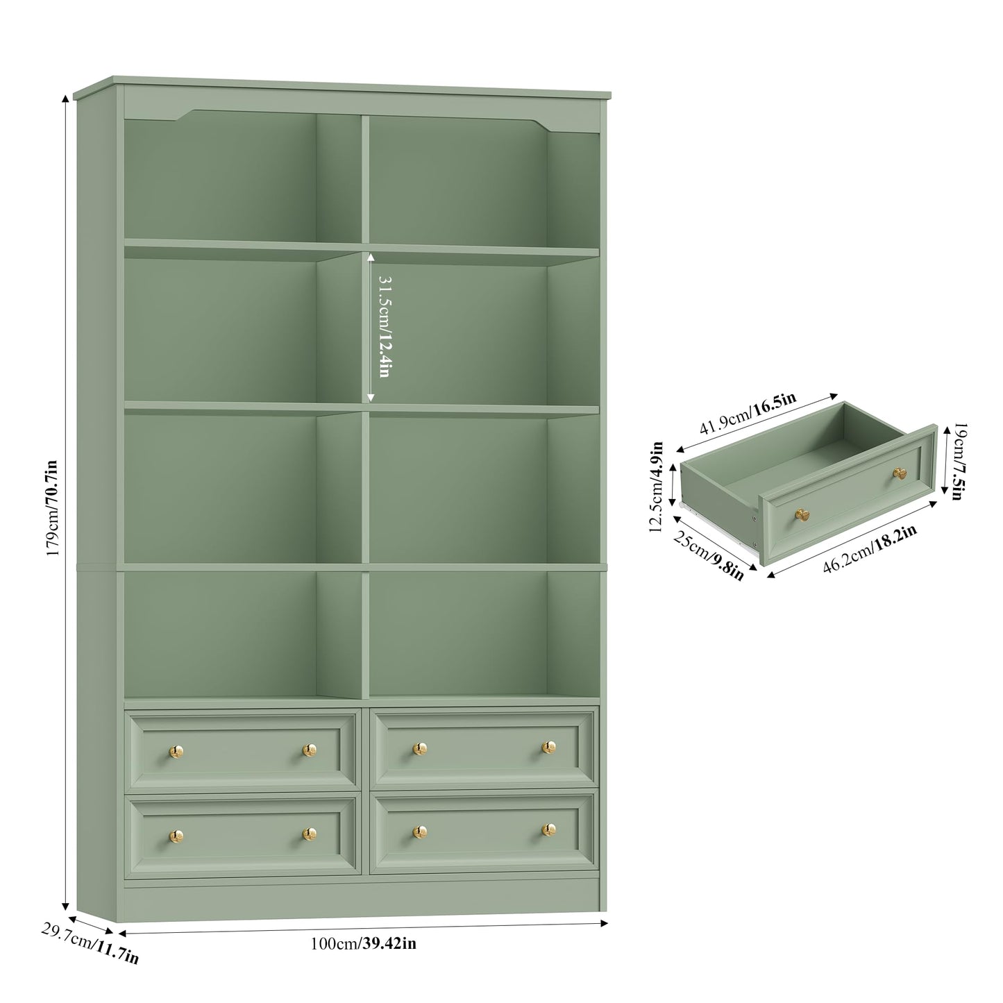 FINETONES 71" Tall Bookshelf with 4 Drawers, 6-Tier Double Wide Bookshelves and Bookcases with Storage, Green Bookshelf Large Open Bookshelves Standing Book Cabinet for Home Office