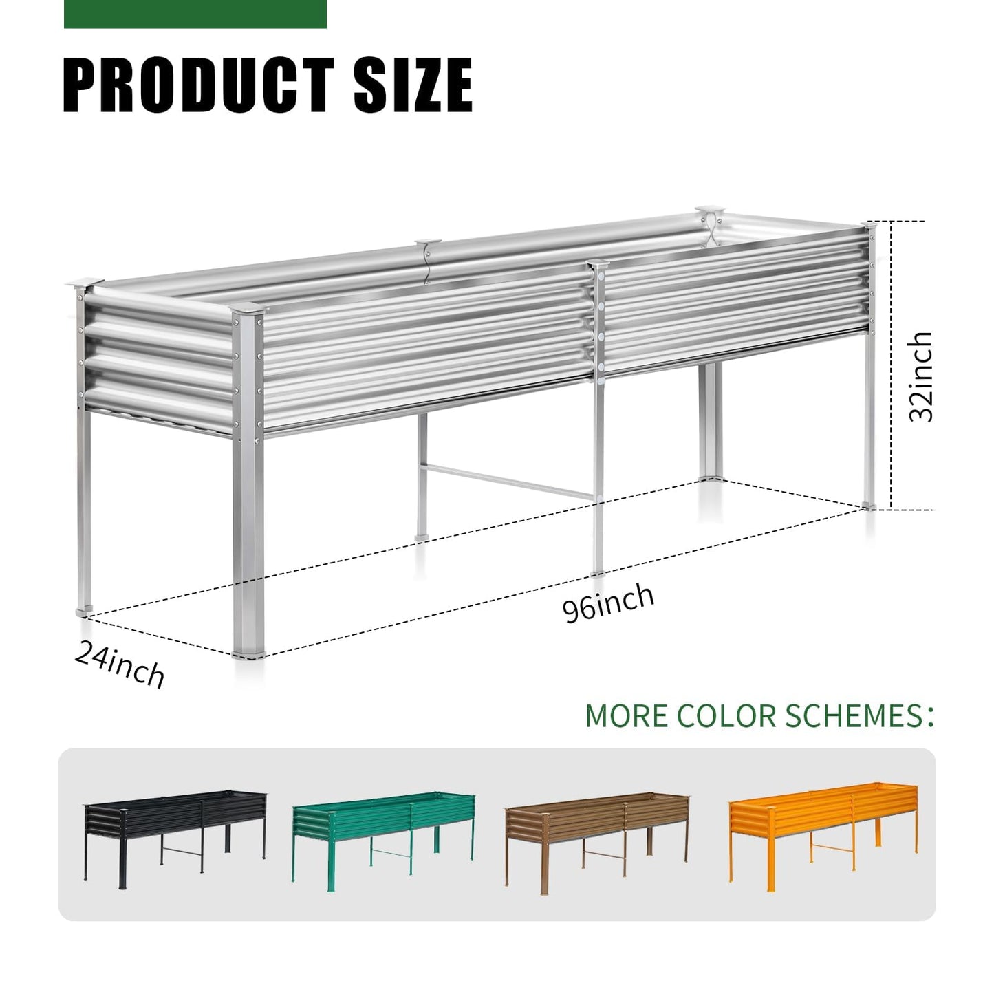Galvanized Raised Garden Bed with Legs, 96×24×32in