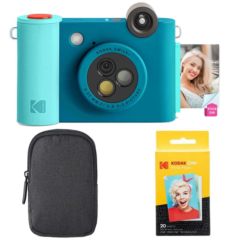 KODAK Smile+ 2-in-1 Digital Instant Print Camera & Wireless Bluetooth Photo Printer Starter Bundle + Carrying Case + Zink 20pk Sticky-Back Photo Paper - 10MP, Special-Effect Rotating Lens - Blue