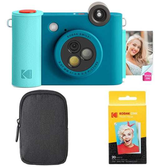 KODAK Smile+ 2-in-1 Digital Instant Print Camera & Wireless Bluetooth Photo Printer Starter Bundle + Carrying Case + Zink 20pk Sticky-Back Photo Paper - 10MP, Special-Effect Rotating Lens - Blue