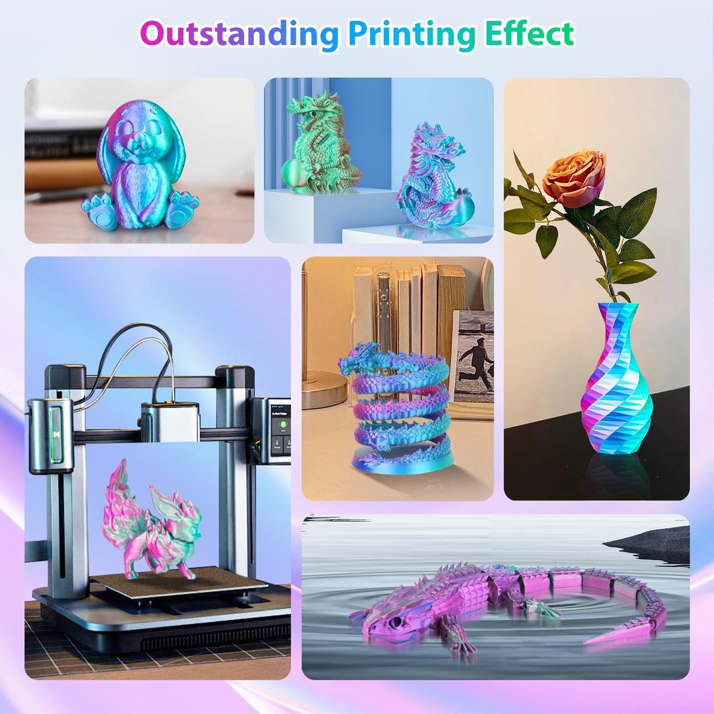 Silk PLA 3D Printer Filament- Triple Color- Rose Red, Sky Blue, Green