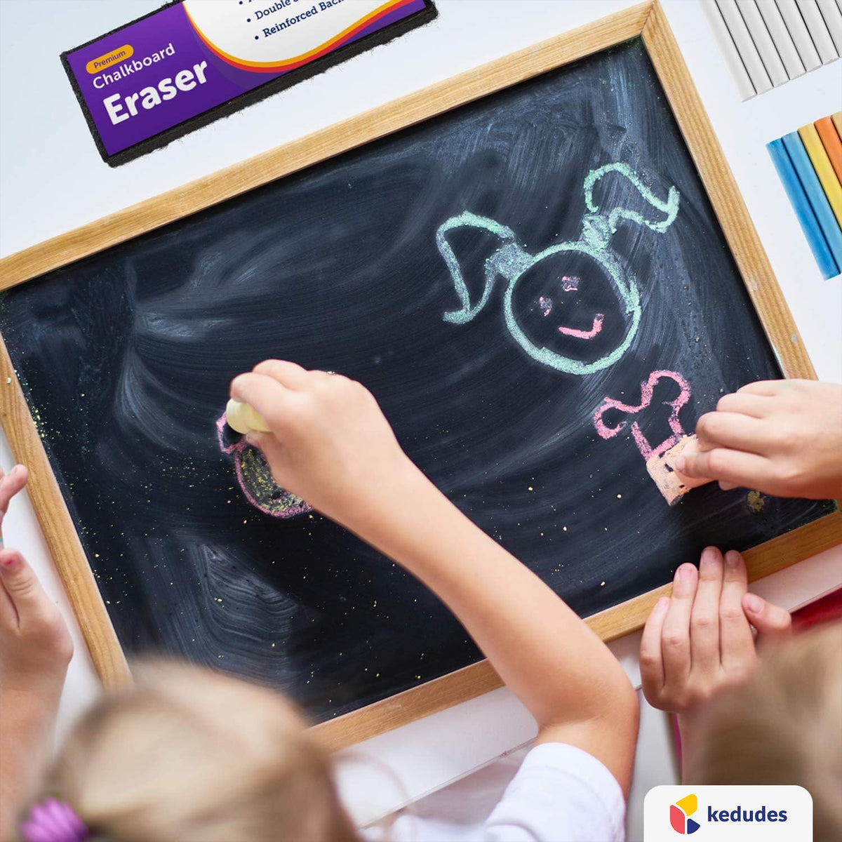 kedudes Dustless Chalk with Eraser, 24pk - 12 Colored Chalkboard Chalks and 12 White Chalk