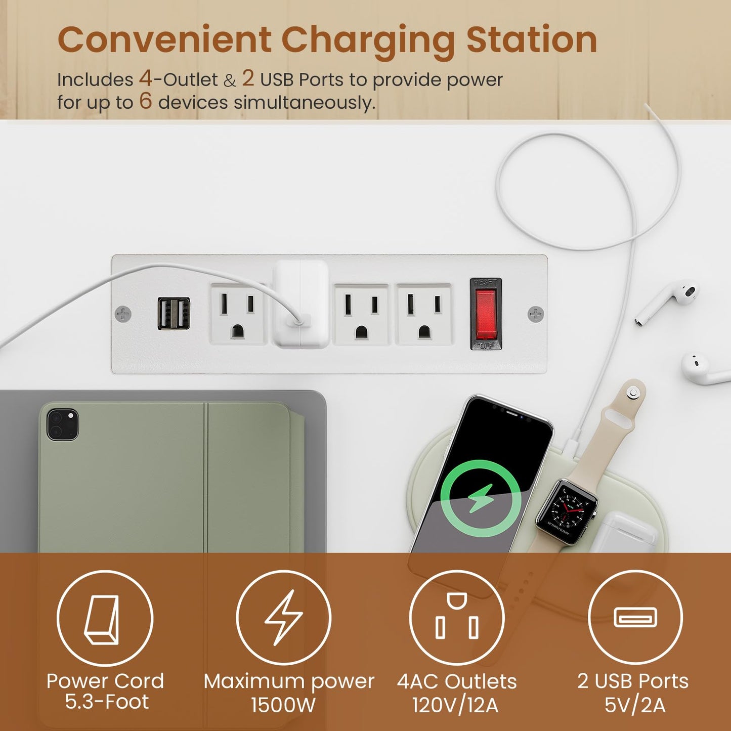 L Shaped Standing Desk, Drawers & Hutch, LED Lights
