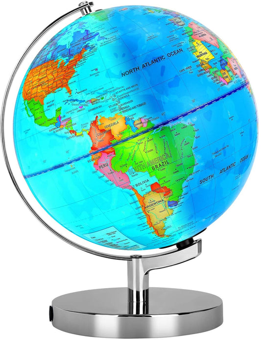 POOCCI 8-Inch Illuminated World Globe for Kids and Adults, Writable Political Map with LED Night Light, Magnifying Glass and Marker, Educational Globe for Home and Classroom