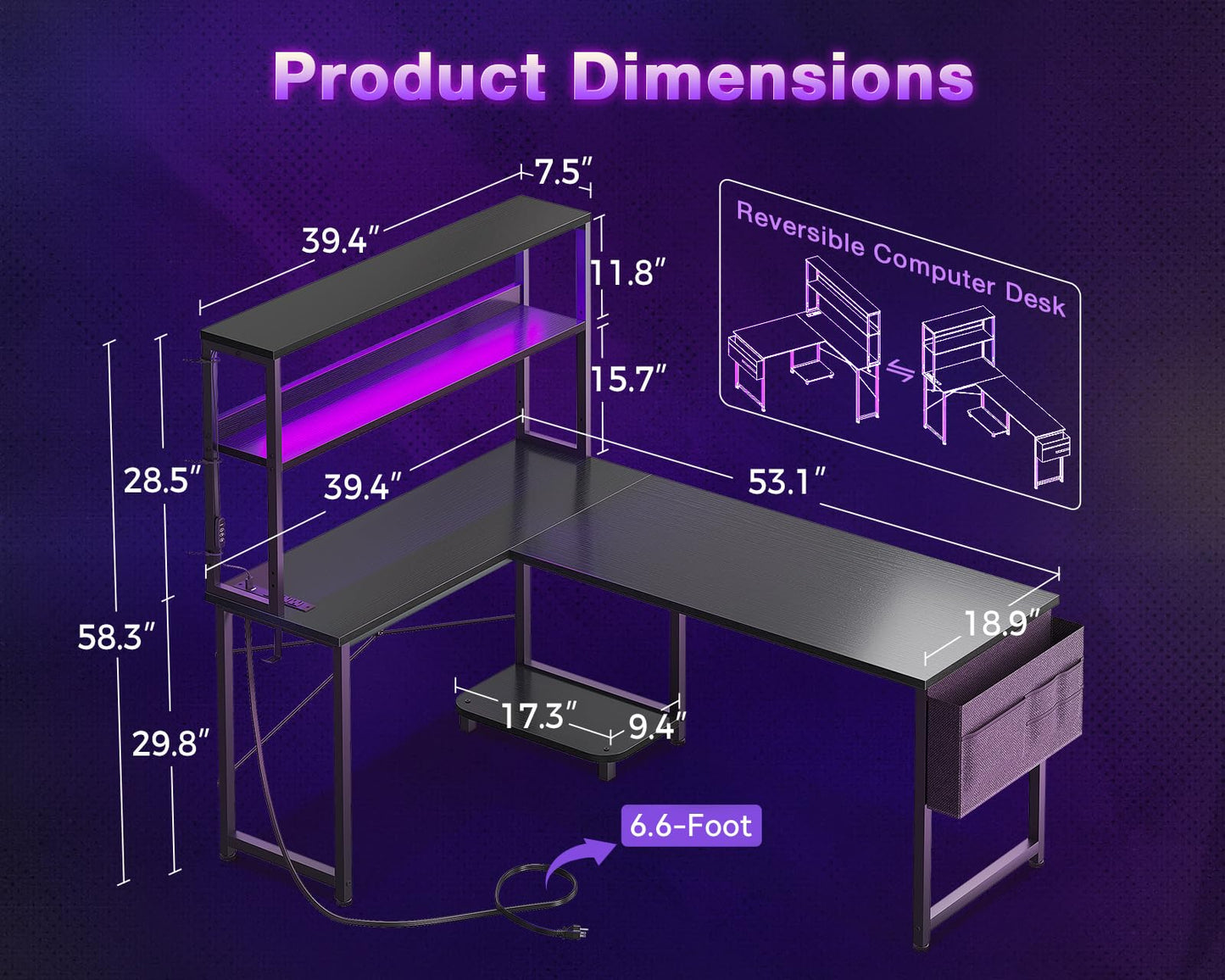 L Shaped Desk with LED Lighting- Black- 53 inch