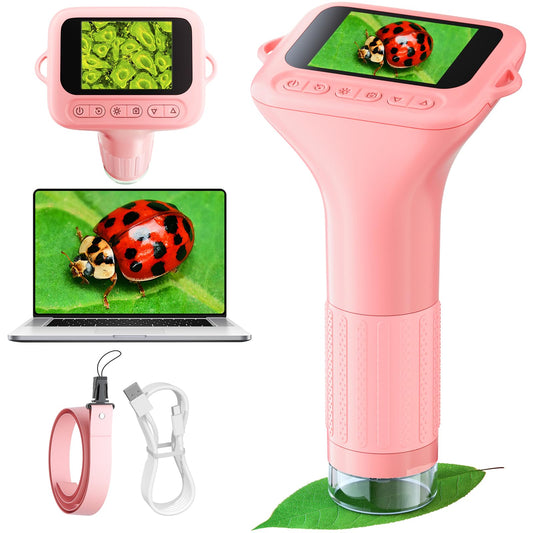 Odatay Microscope for Kids with 12 Slides, 100X-1000X 1080P Digital Handheld Kids Microscope, Mini Portable Pocket Miniscope Science Toys Gifts for 3+ 4 5 6 7 8 9 10 11 12 Year Old Boys Girls, Pink