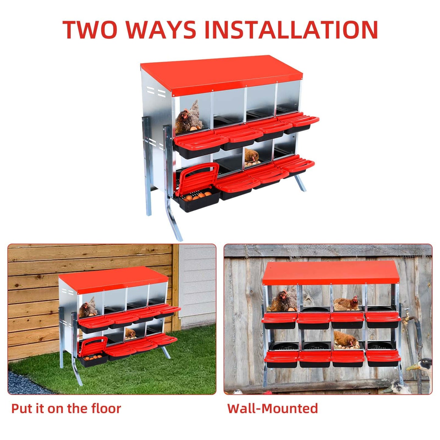 Chicken Nesting Boxes for Chickens- 8 Hole- red- with legs