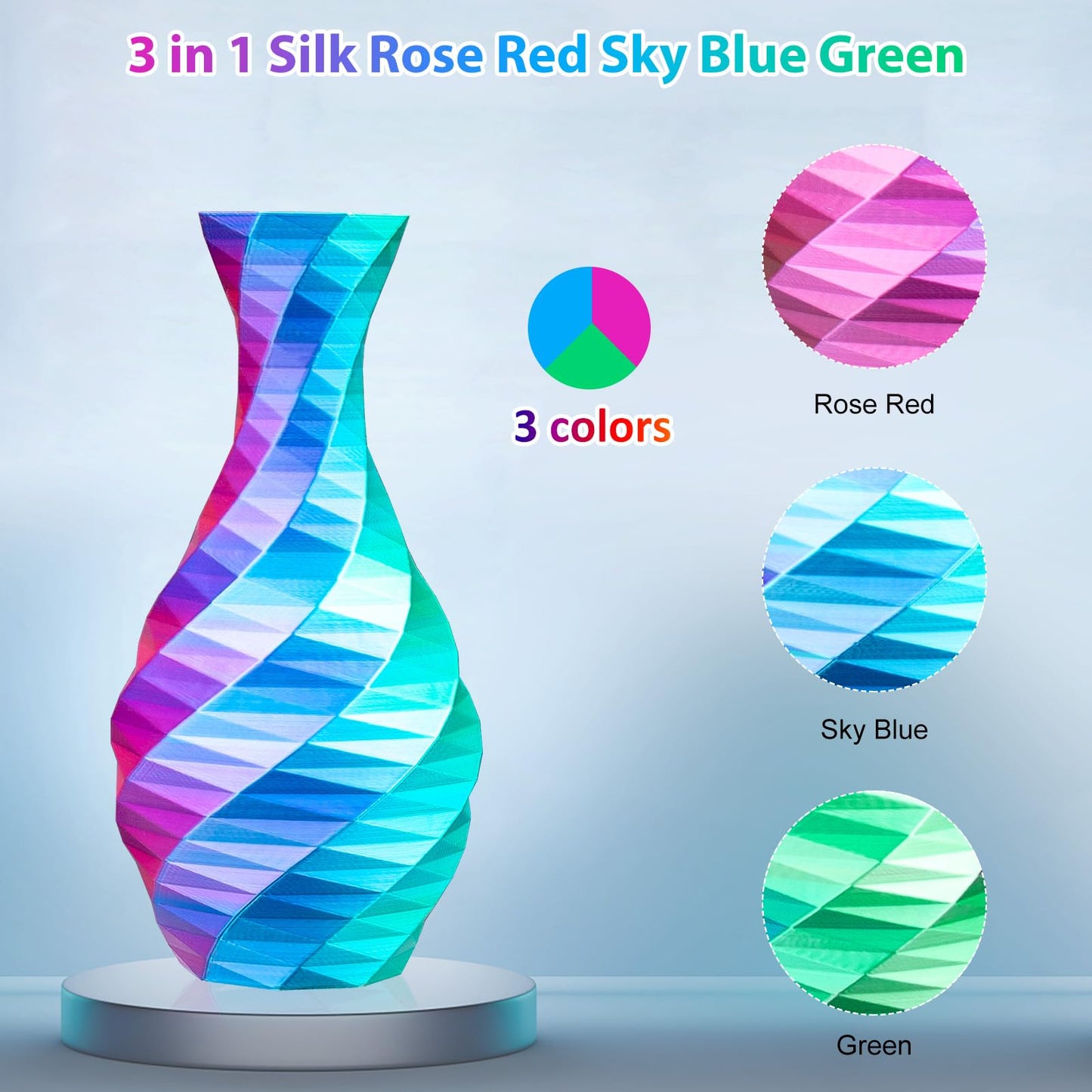 Silk PLA 3D Printer Filament- Triple Color- Rose Red, Sky Blue, Green