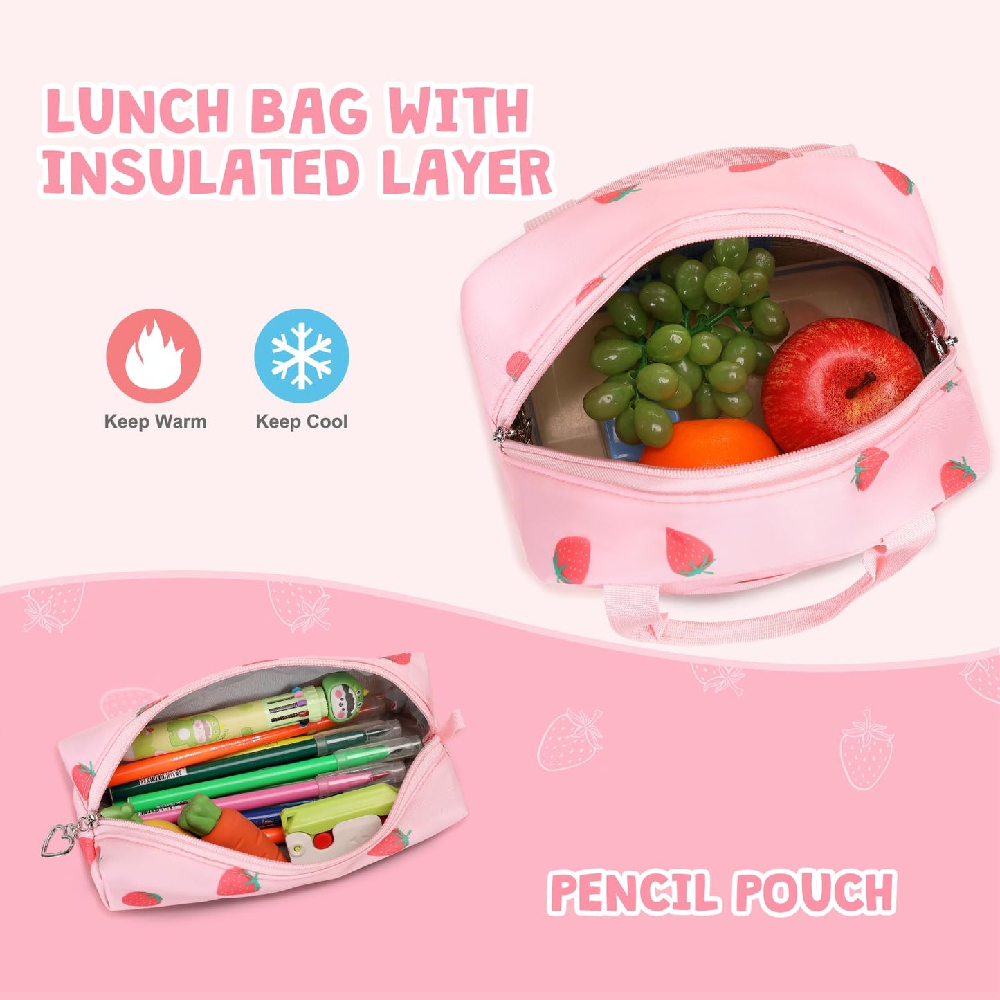 ACESAK Girls Backpack for School Set (Pink Strawberry)