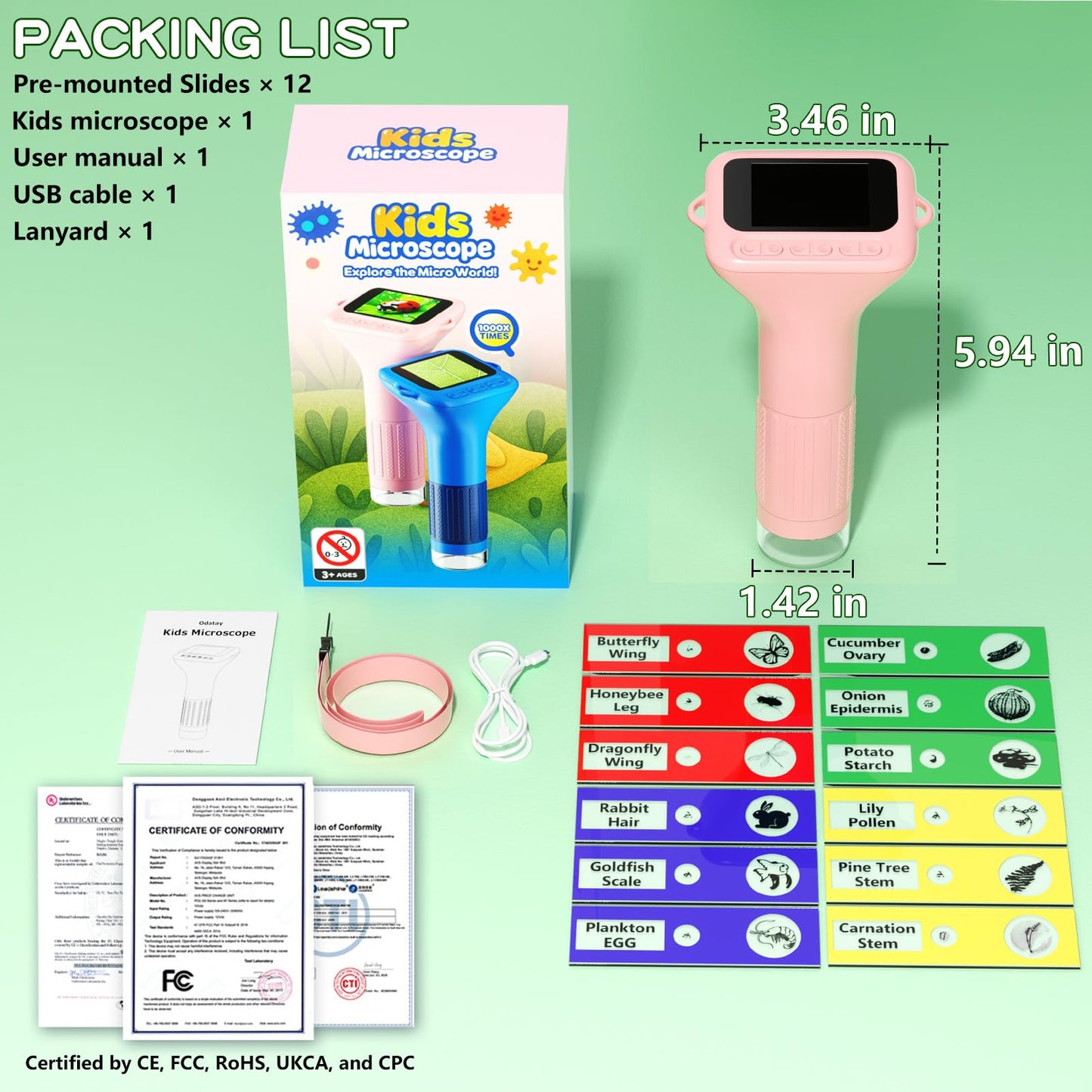 Odatay Microscope for Kids with 12 Slides, 100X-1000X 1080P Digital Handheld Kids Microscope, Mini Portable Pocket Miniscope Science Toys Gifts for 3+ 4 5 6 7 8 9 10 11 12 Year Old Boys Girls, Pink