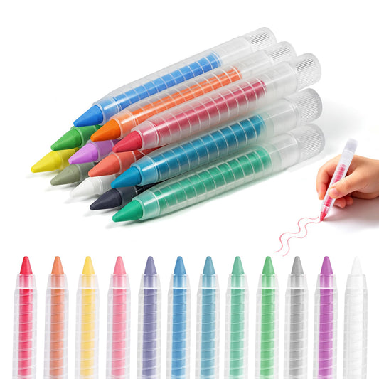 NewFamily Dustless Chalk for Kids, 12 Colors with Twist-Up Holders, Fine-Tip Washable Non-Toxic Chalk