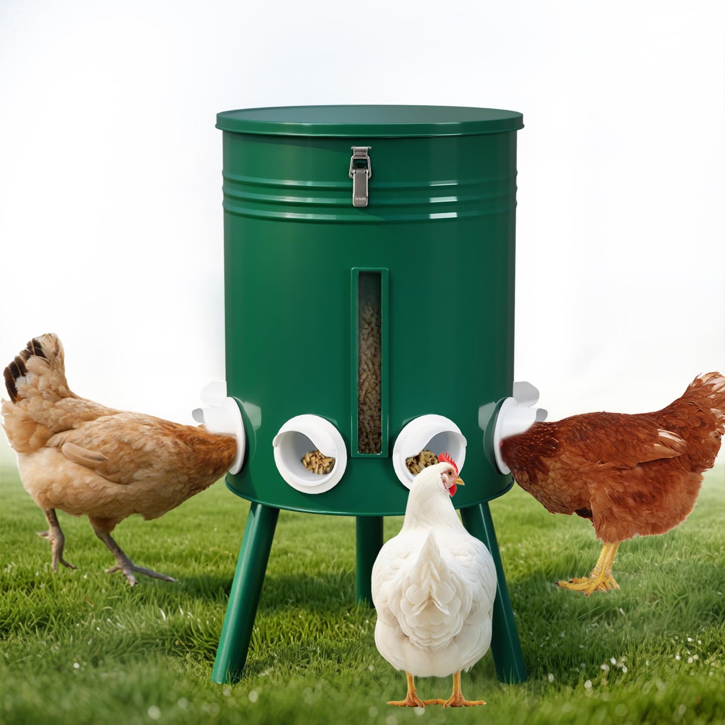 KOL 50 LB Large Free Standing Chicken Feeder, Portable Gravity Chicken Feeder Automatic, Dispenser, 8 Feeding Ports Poultry Feeder for Chicken Rooster & Hen (Green)