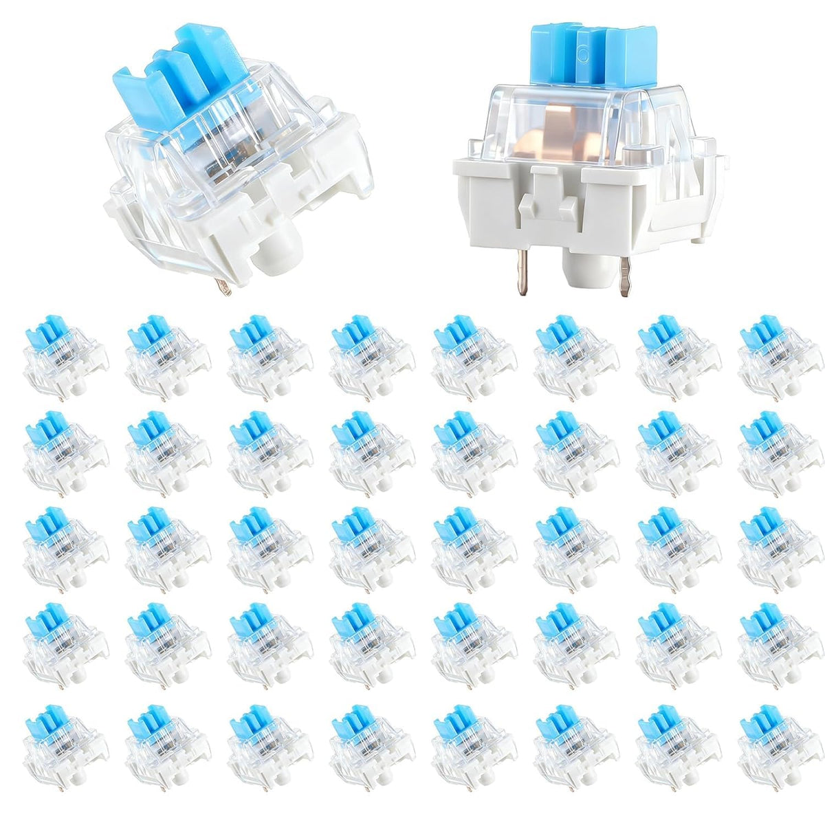 50 PCS 3 PIN Dustproof Blue Clicky Mechanical Keyboard Switches with Puller & Clear Storage Box, Accurate Typing Replacement for LED/Gaming Keyboards & 3D Prints