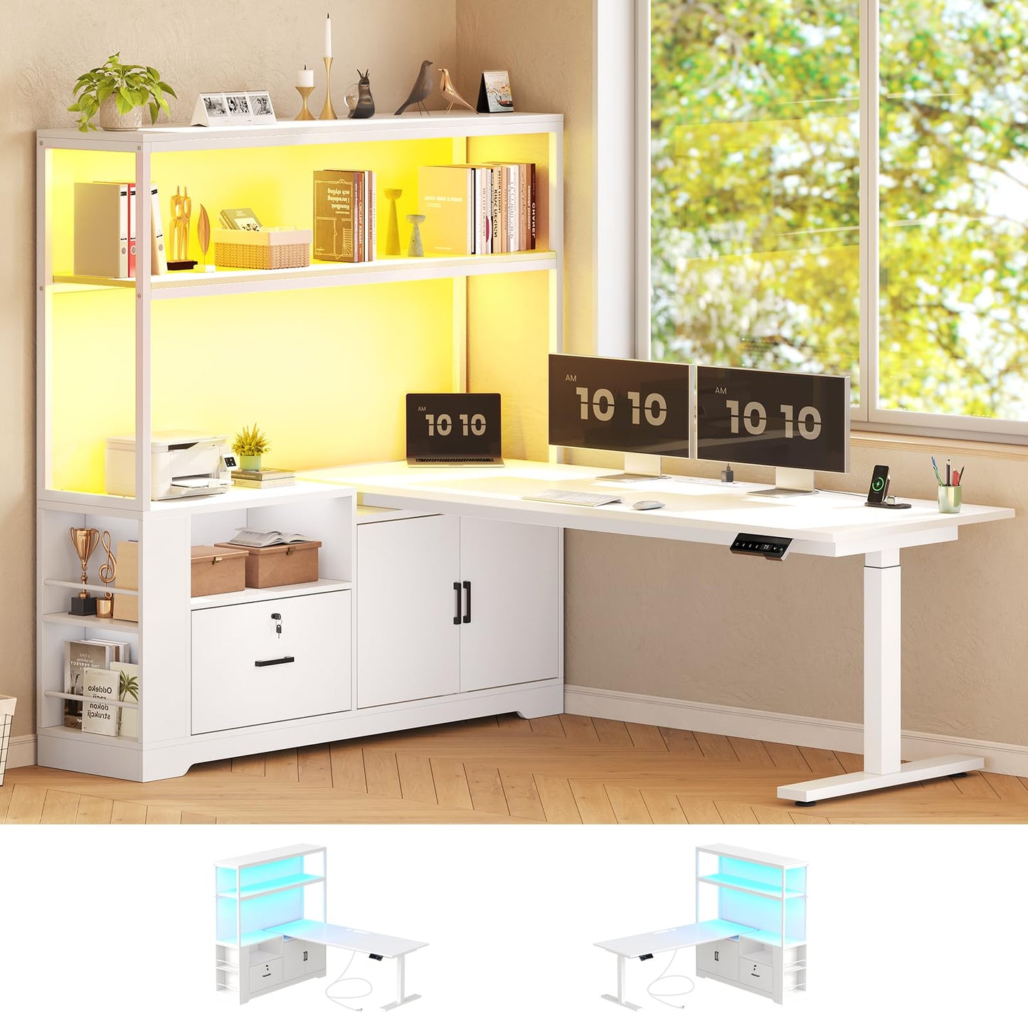 L Shaped Standing Desk, Drawers & Hutch, LED Lights