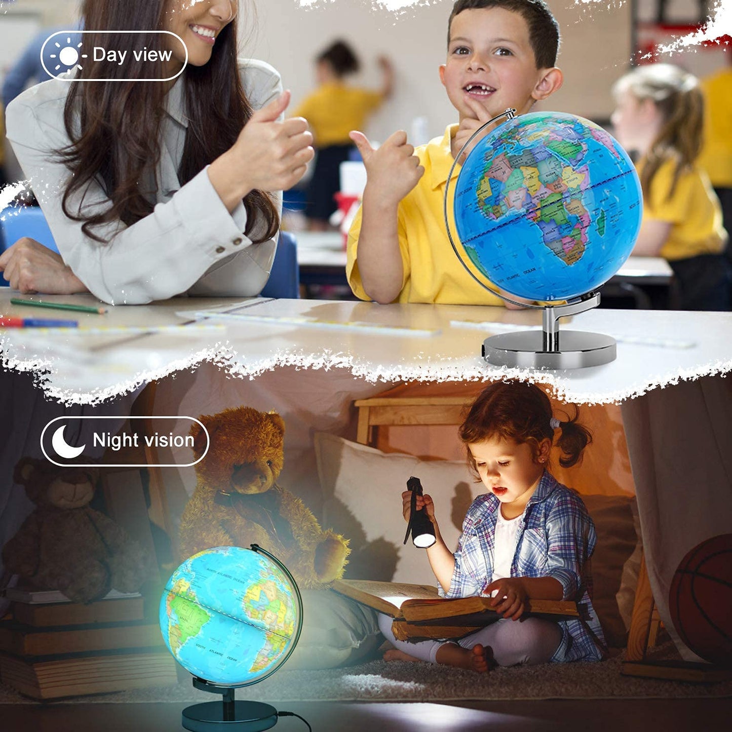 POOCCI 8-Inch Illuminated World Globe for Kids and Adults, Writable Political Map with LED Night Light, Magnifying Glass and Marker, Educational Globe for Home and Classroom