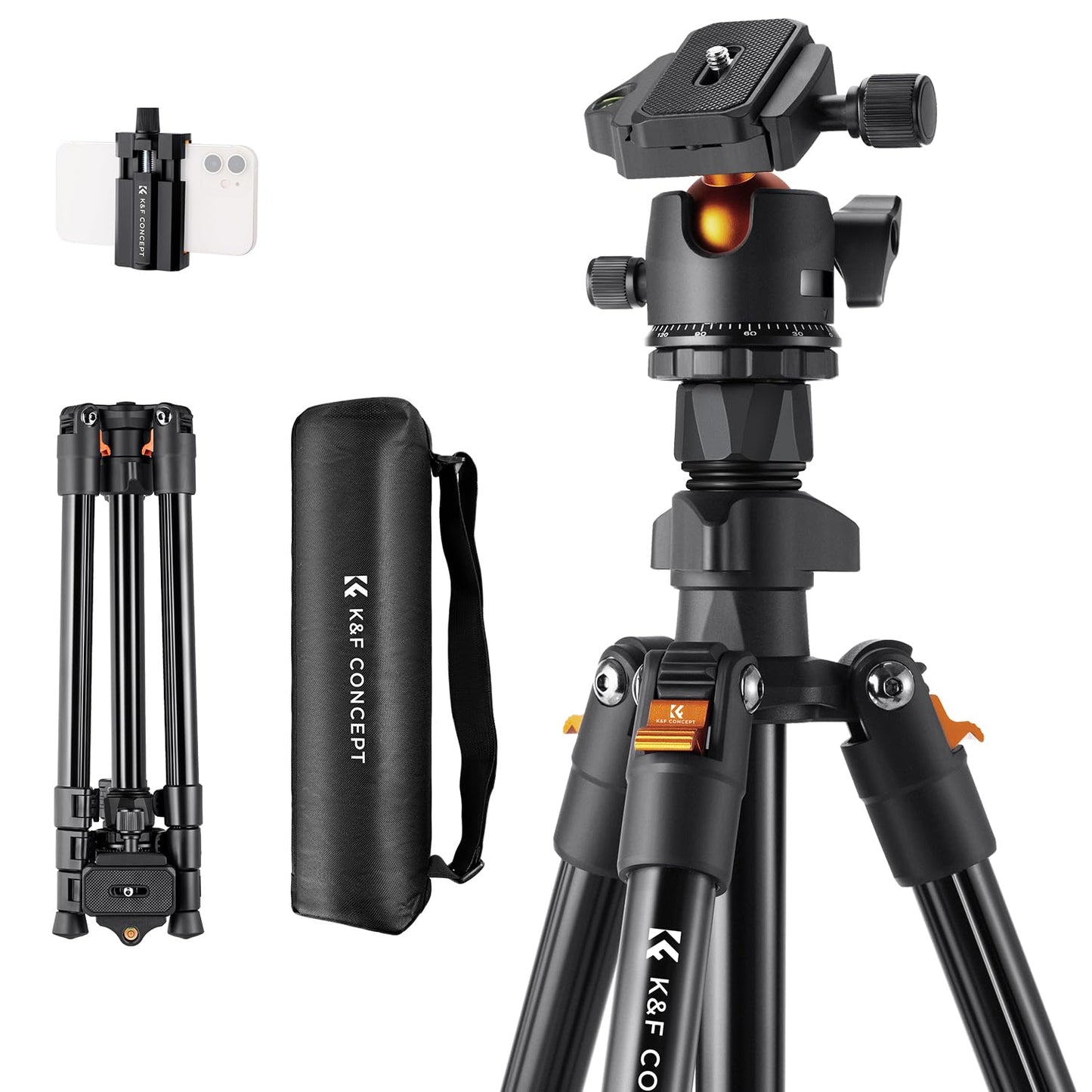 K&F CONCEPT 64 inch/163 cm Camera Tripod,Lightweight Travel Outdoor DSLR Tripods with 360 Degree Ball Head Load Capacity 17.6 lbs/8 kg,Cellphone Clip for Smartphone Live Streaming Vlog O234A1+BH-36