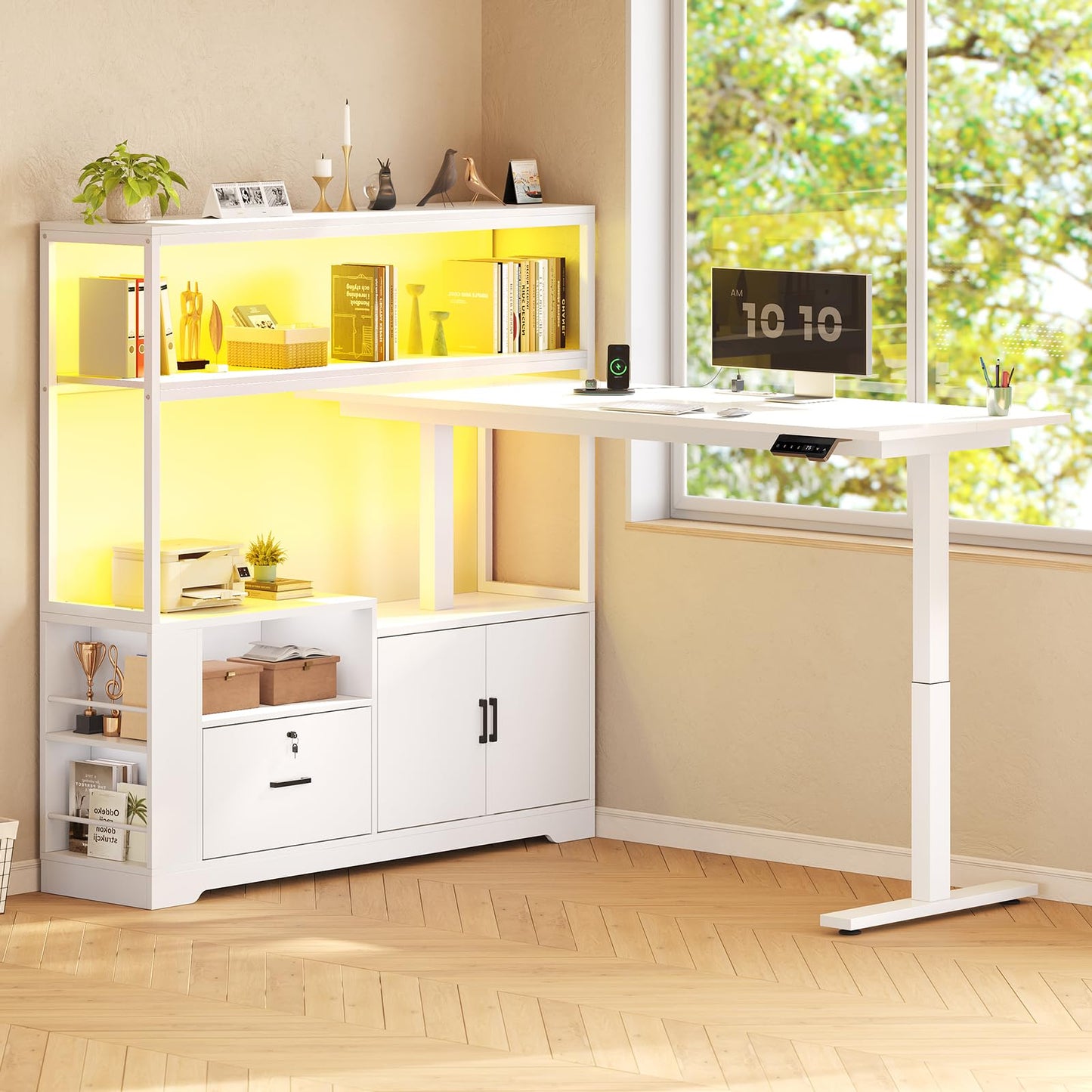L Shaped Standing Desk, Drawers & Hutch, LED Lights