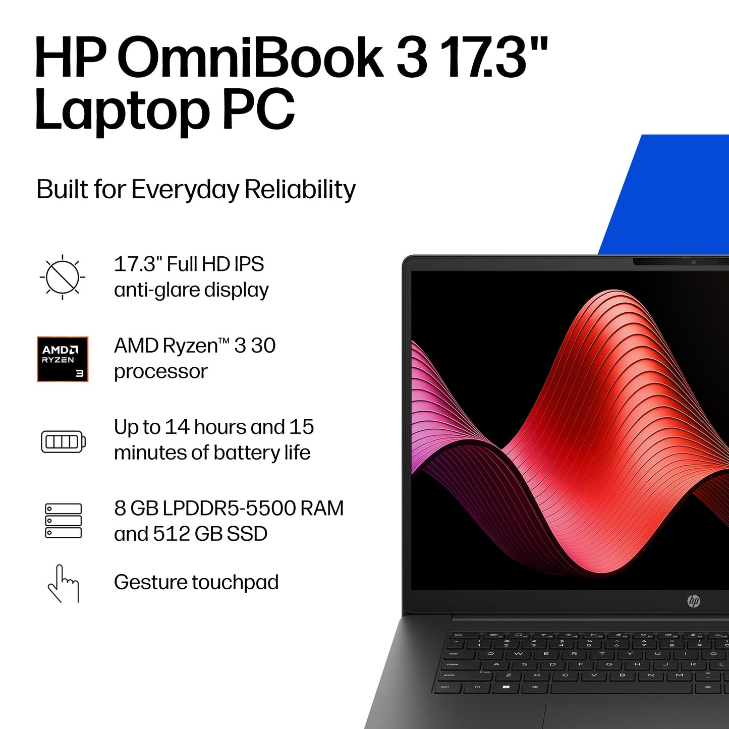 HP OmniBook 3 17.3 inch Laptop PC, FHD Display, AMD Ryzen 3 30, 8 GB RAM, 512 GB SSD, AMD Radeon 610M Graphics, Windows 11 Home, Mica Silver, 17-dp0199nr