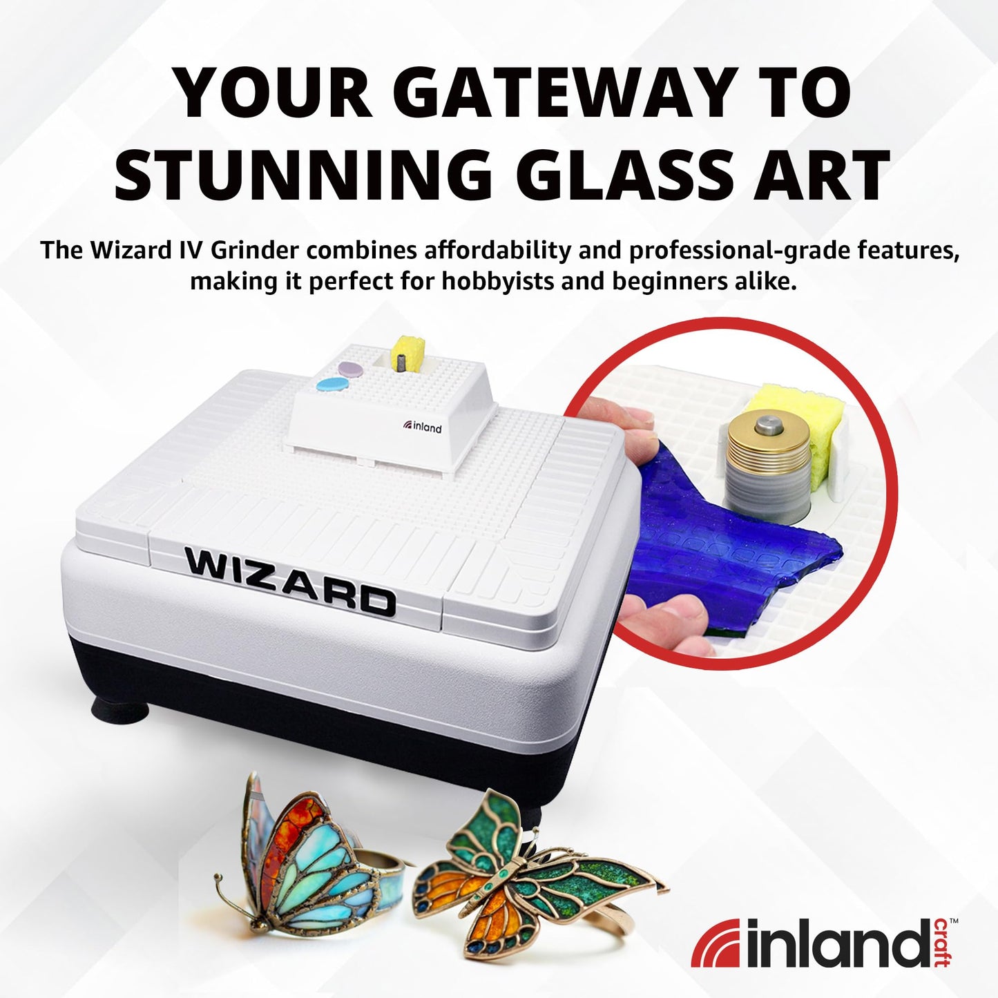 Inland Craft Wizard IV Glass Grinder, Precision Tool for Edging, Shaping & Drilling, Essential Machine for Mosaics, Jewelry & Craft, Includes 2 Diamond Grinding Bits, Portable and Durable, 115V Only