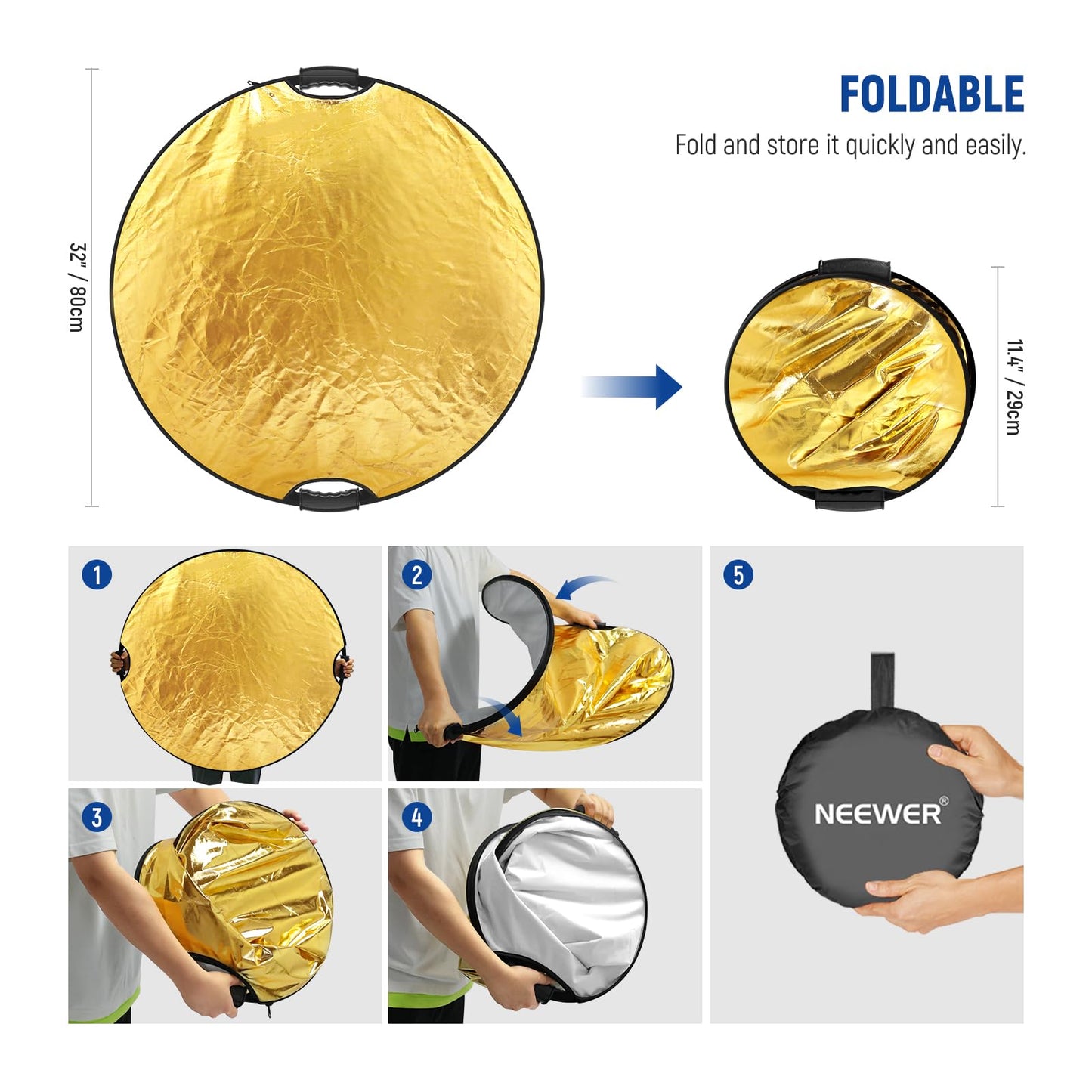 NEEWER 32"/80cm Light Reflector with Clamp & Hand Grips, 5 in 1 Collapsible Multi Disc Photography Reflector Translucent/Silver/Gold/White/Black with 3/8" Thread for Studio Outdoor Lighting, RF-80II