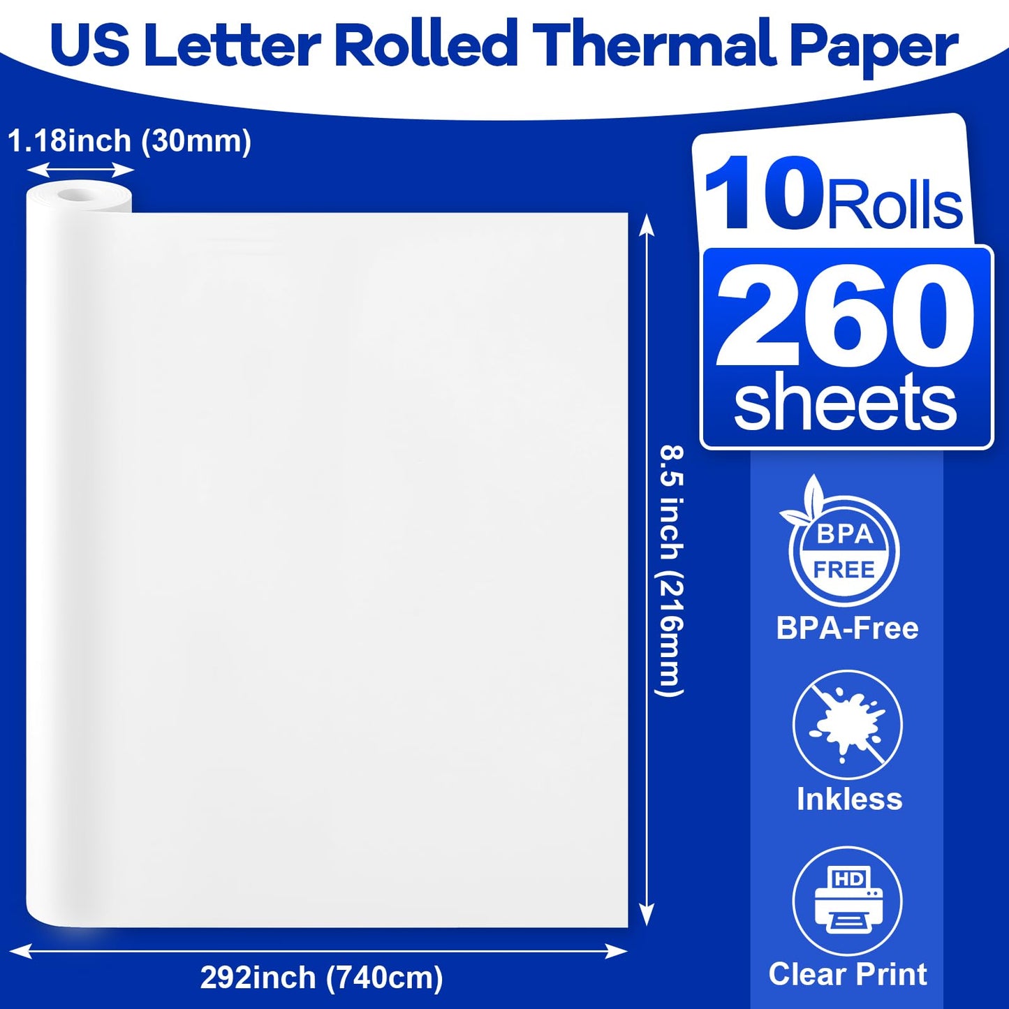 10 Rolls Thermal Printer Paper 8.5"x11" US Letter Size (About 260 Sheets)