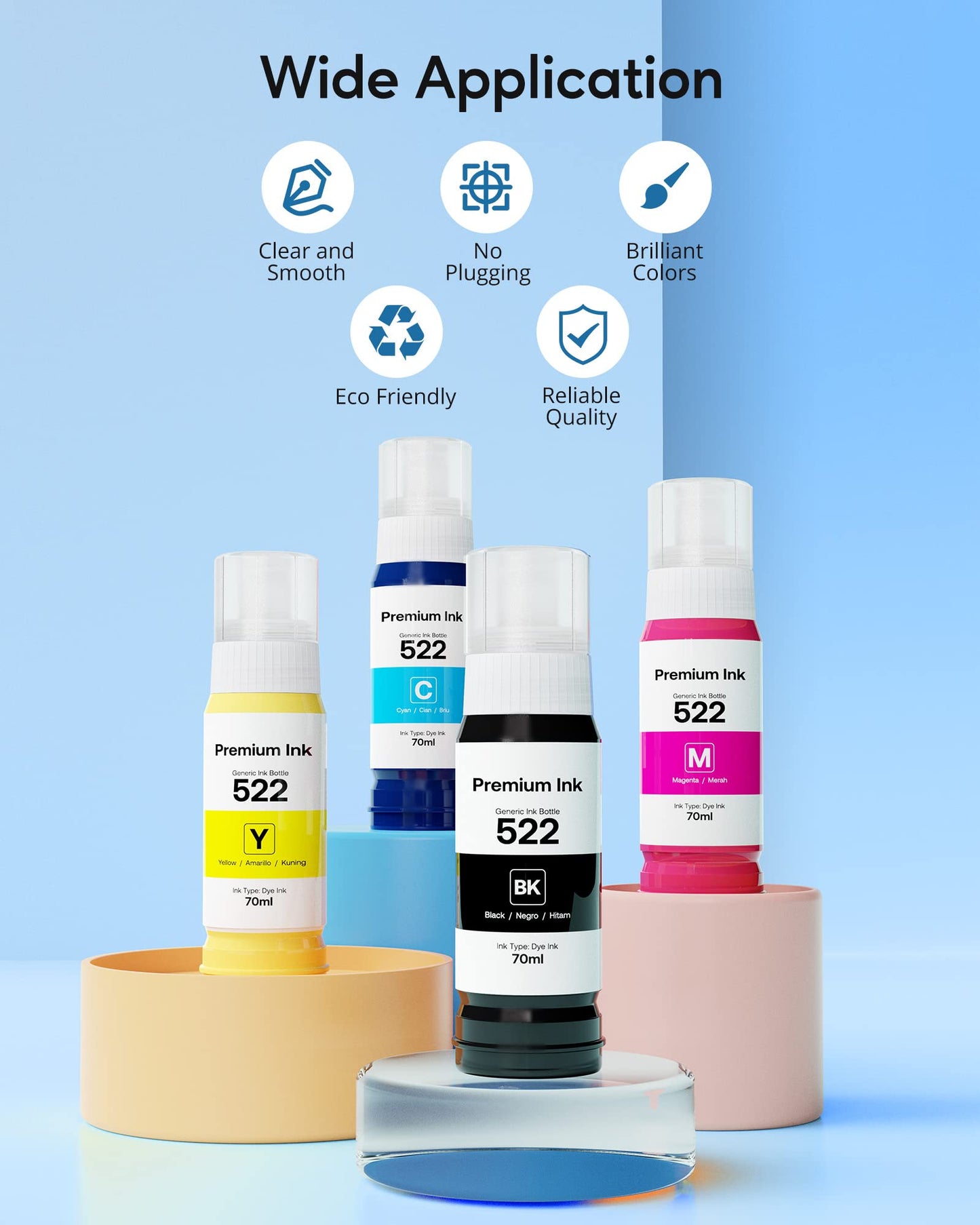 522 High Capacity (5 Bottles) Refill Ink Bottle Replacement for Use for EcoTank ET-2803 ET-2800 ET-2720 ET-4800 Printer