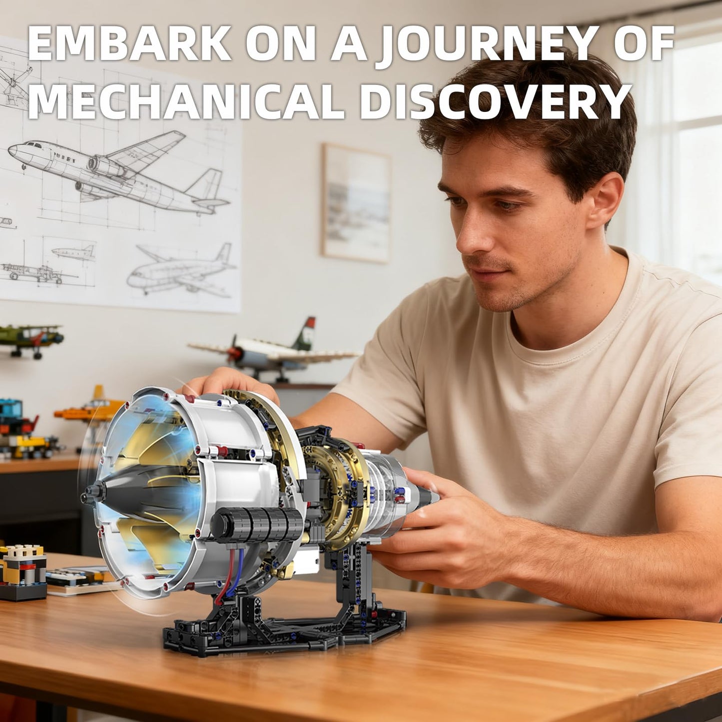 Suplanet Aircraft Engine Toys Building Sets, Turbofan Engine Model that Run with Motor and Lights