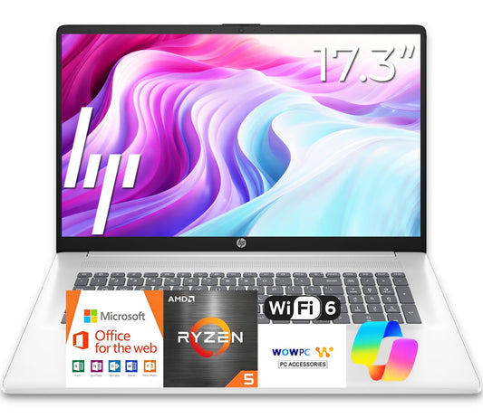 HP 17 inch Business Laptop • 2026 Edition • Latest AMD Ryzen 5 CPU • 16GB RAM - 512GB SSD - 17.3" FHD Display • Copilot + • Long Battery Life • Windows 11 with Office 365 for The Web
