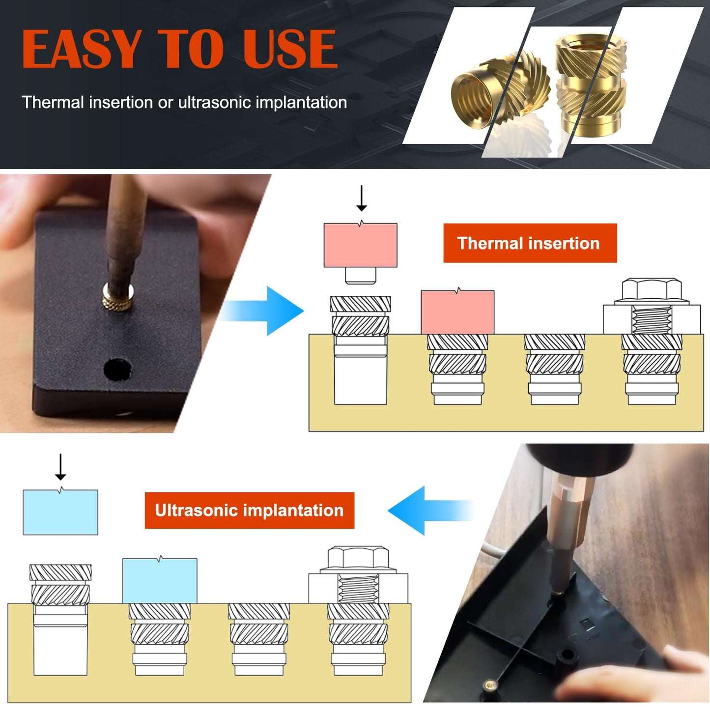 Ktehloy 400Pcs Metric Heat Set Insert, M2 M2.5 M3 M4 M5 M6 Female Thread Knurled Nuts Assortment Kit, Brass Threaded Inserts for Plastic and 3D Printing Components (Threaded Inserts Ket)