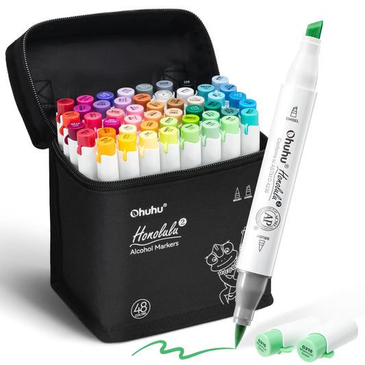 Ohuhu Alcohol Markers Brush & Chisel 48 Colors for Coloring Refillable