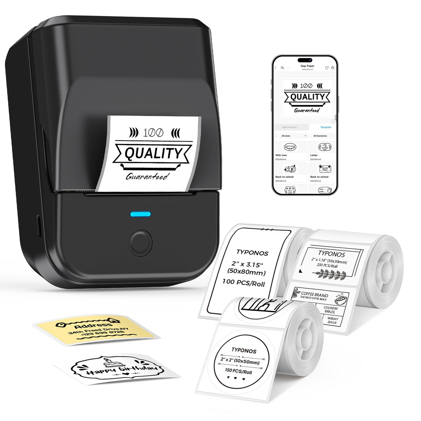 TYPONOS PM240 Label Maker Machine with 3 Tapes, Label Printer Black, Set 2