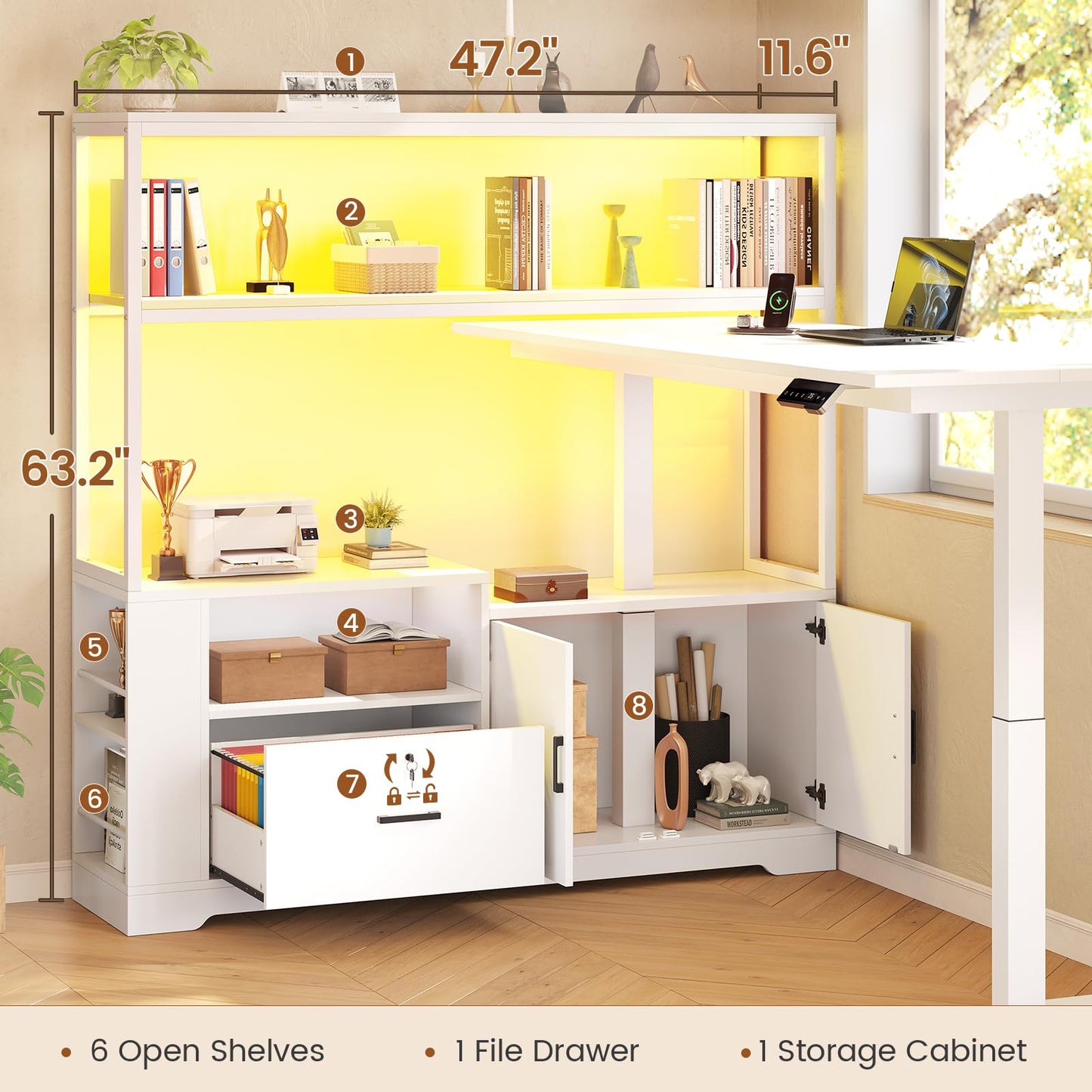 L Shaped Standing Desk, Drawers & Hutch, LED Lights