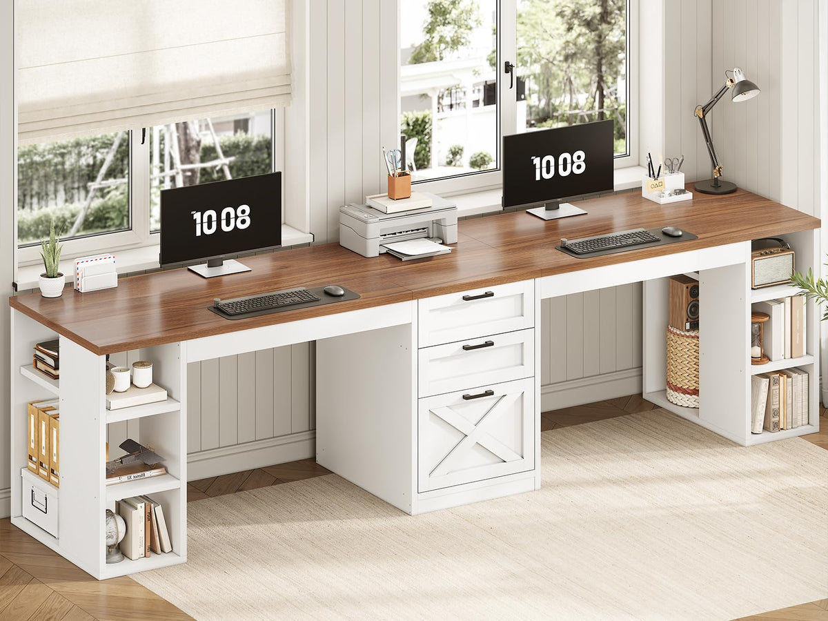 SEDETA Farmhouse 96.5" 2 Person Computer Desk with Storage Drawers