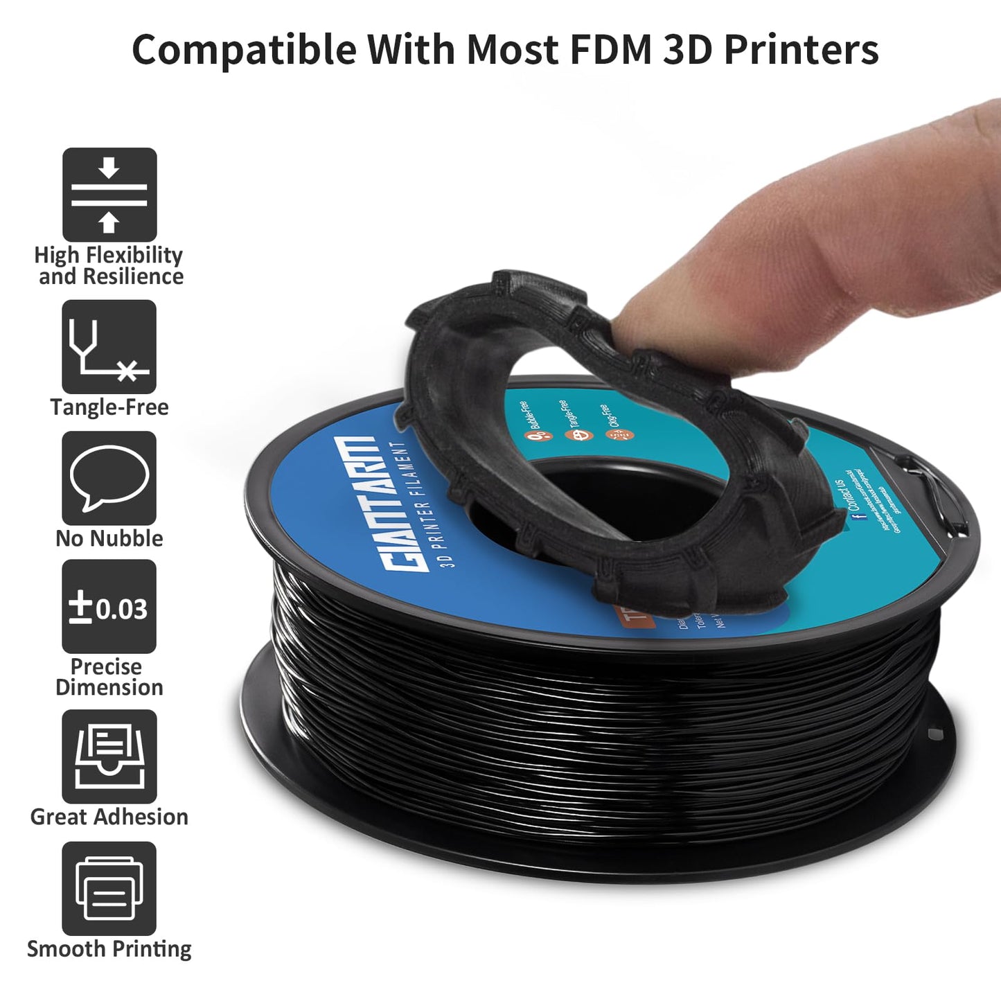 Flexible Soft- GIANTARM TPU Filament 1.75mm,  Black, 95A 1kg Spool (2.2 lbs.)