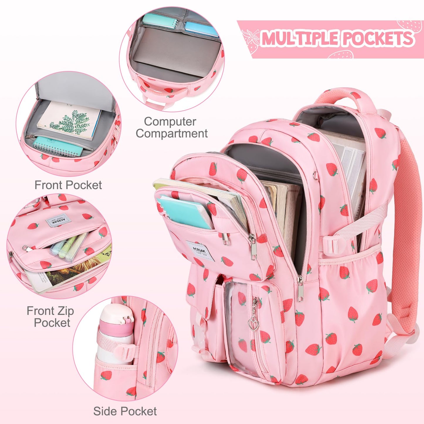 ACESAK Girls Backpack for School Set (Pink Strawberry)
