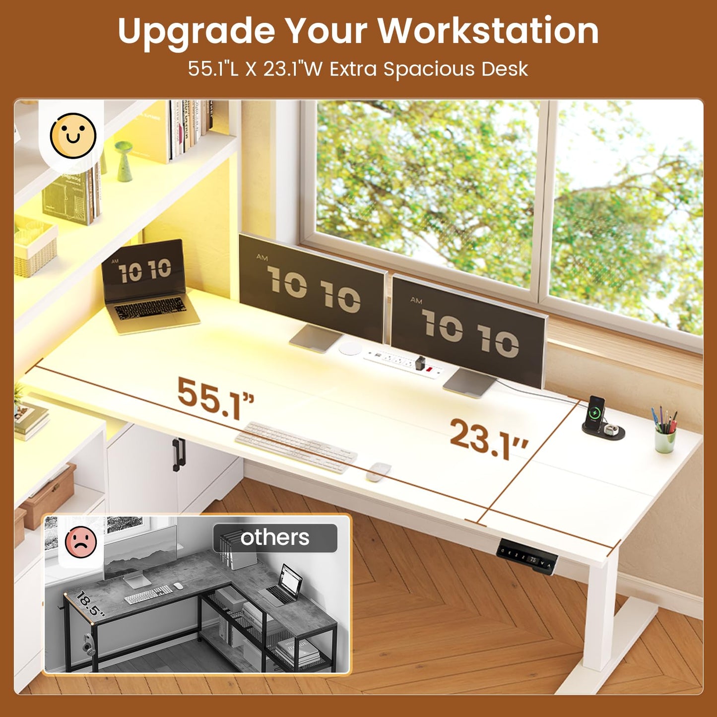 L Shaped Standing Desk, Drawers & Hutch, LED Lights