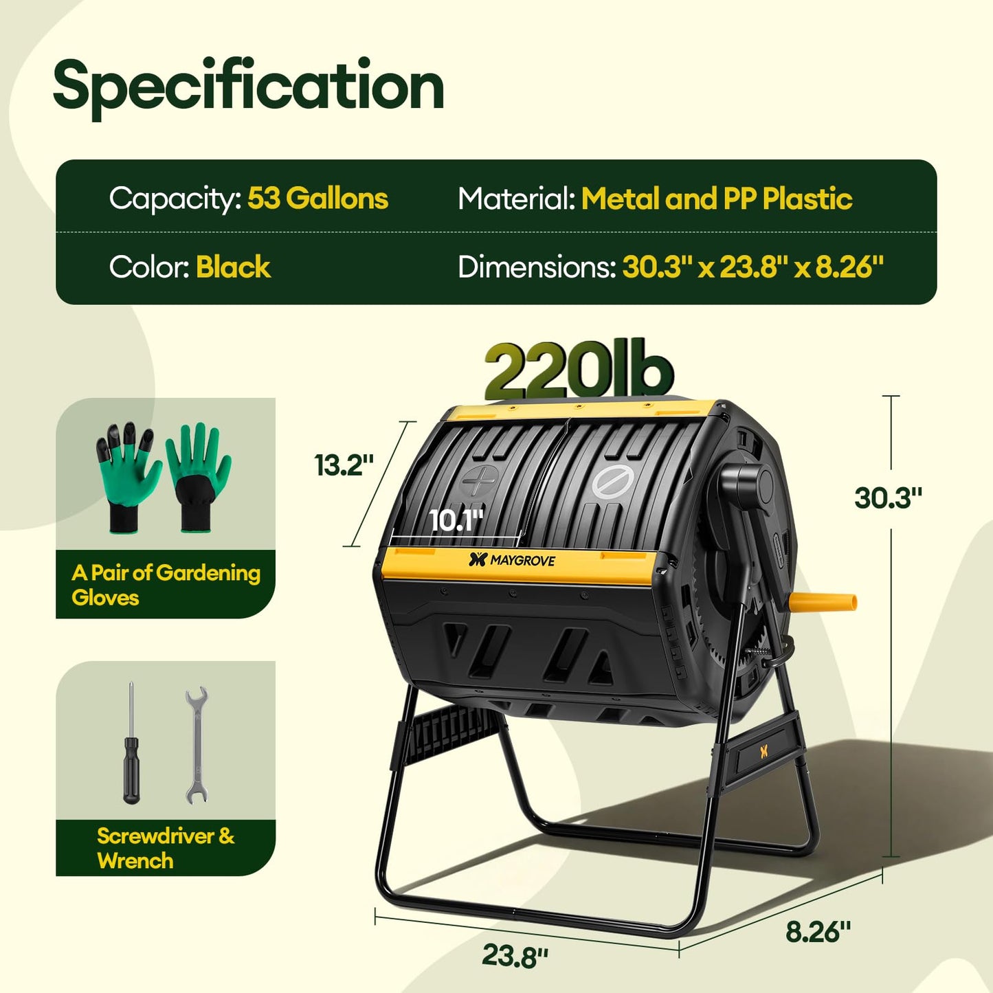 Maygrove Outdoor Compost Bin 53 Gallon, Dual Chamber Large Compost Tumbler
