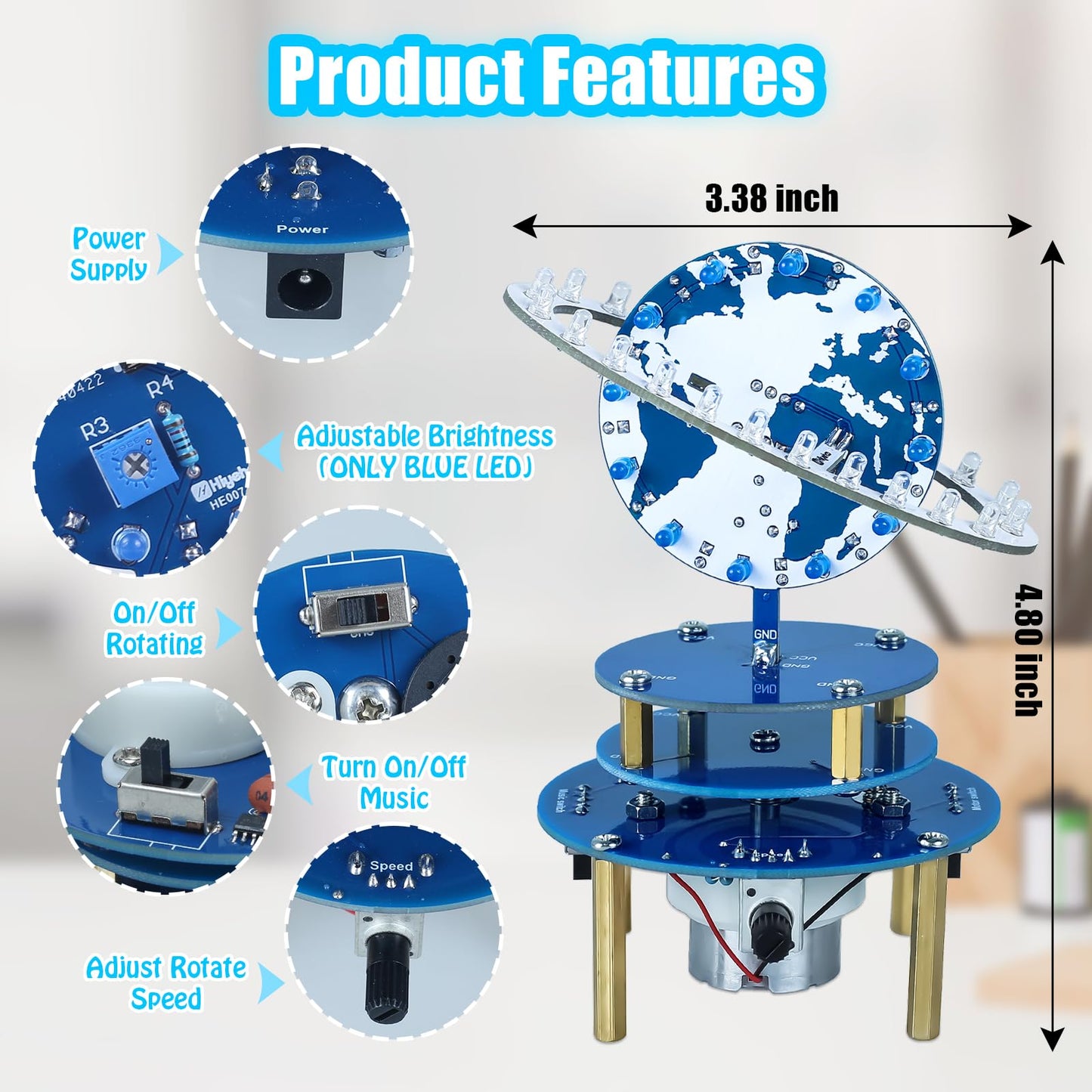Soldering Practice Project Kit, DIY Globe Planetary Motion Soldering Kit, Rotating Universe Model Electronic Kit with Music Brightness Adjustable for STEM