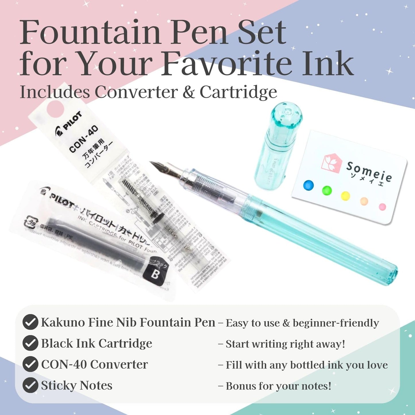Someie Fountain Pen Set CON-40 Converter & Kakuno Fine Nib with Black Ink Cartridge & Sticky Notes – Refillable Ink System, Calligraphy